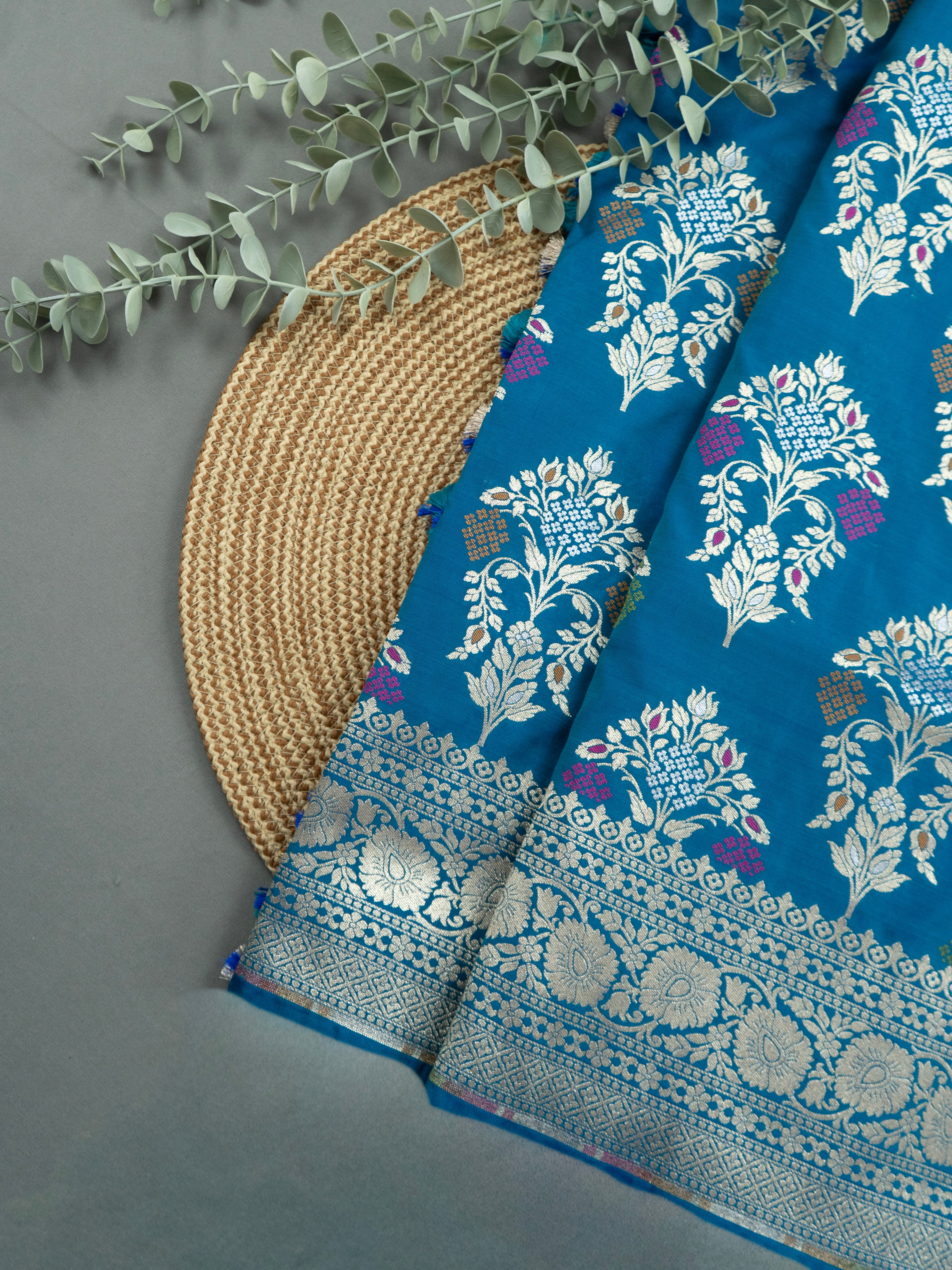 Pure Banarasi Katan Silk Saree in Royal Blue with Multicolor Floral Zari & Rich Zari Pallu
