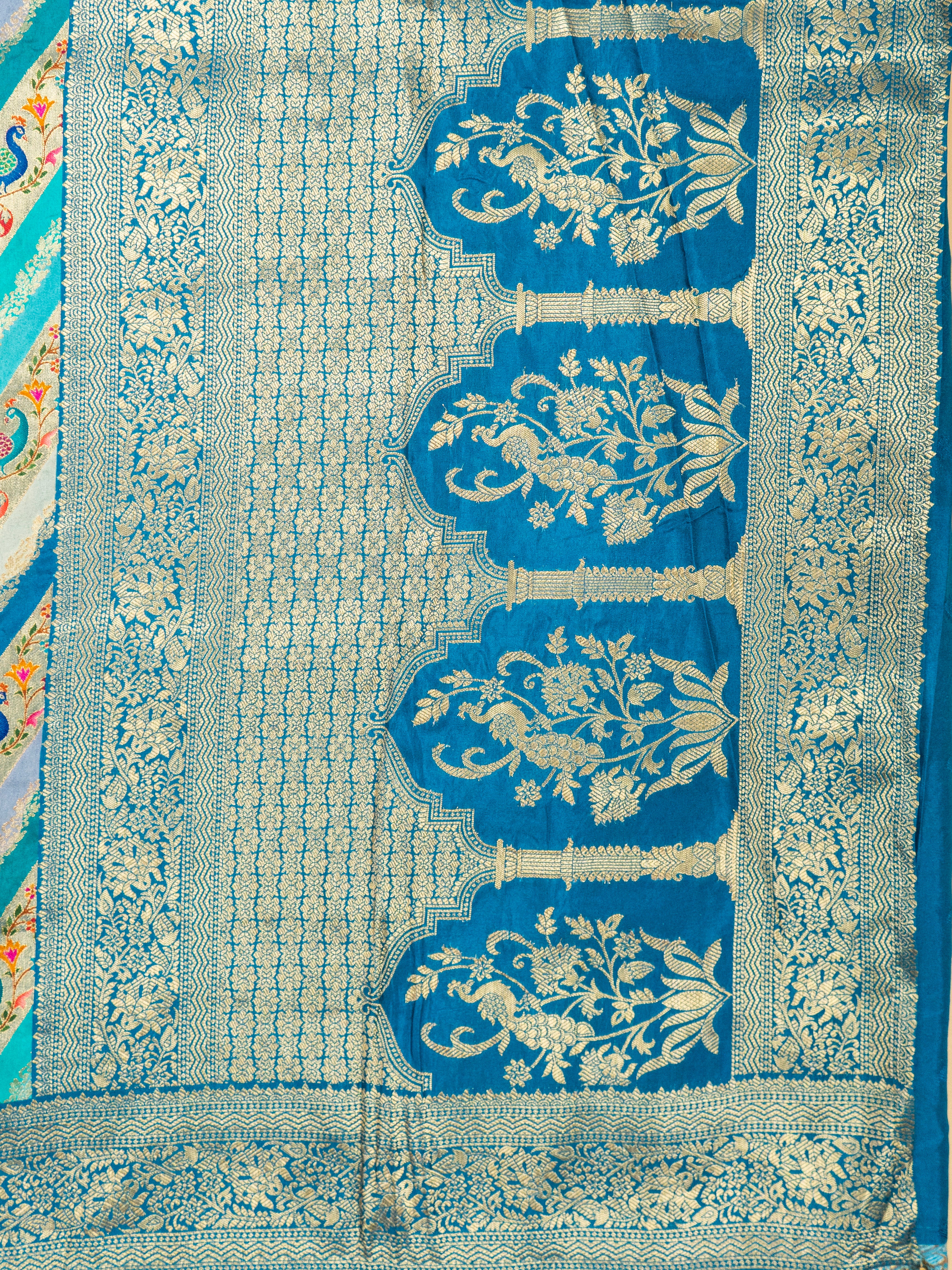 Pure Rajwada Silk Saree in Blue-Green with Peacock Motifs & Royal Palace Zari Pallu