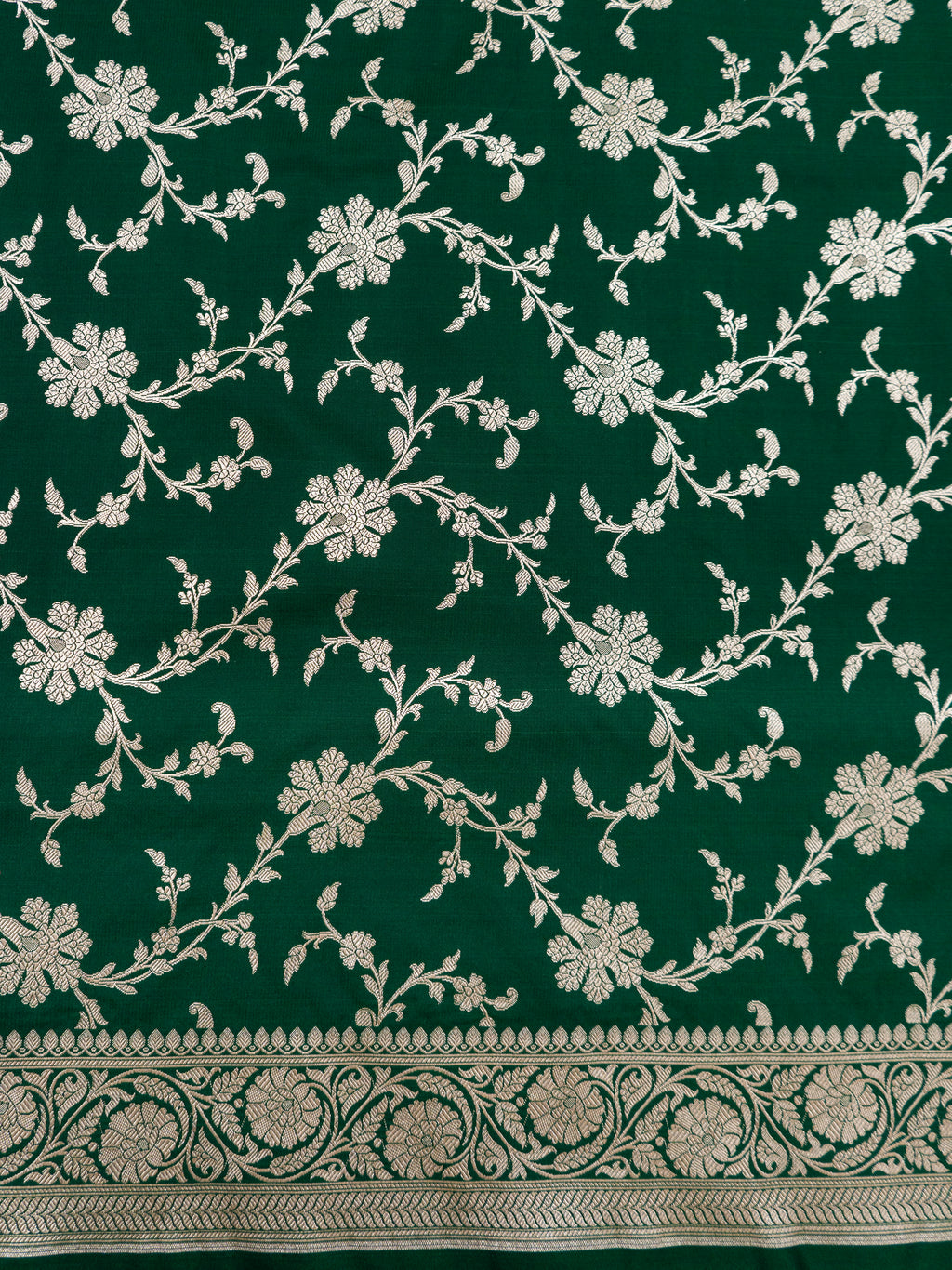 Pure Banarasi Katan Silk Saree in Deep Bottle Green with Multicolor Floral Zari & Grand Zari Pallu