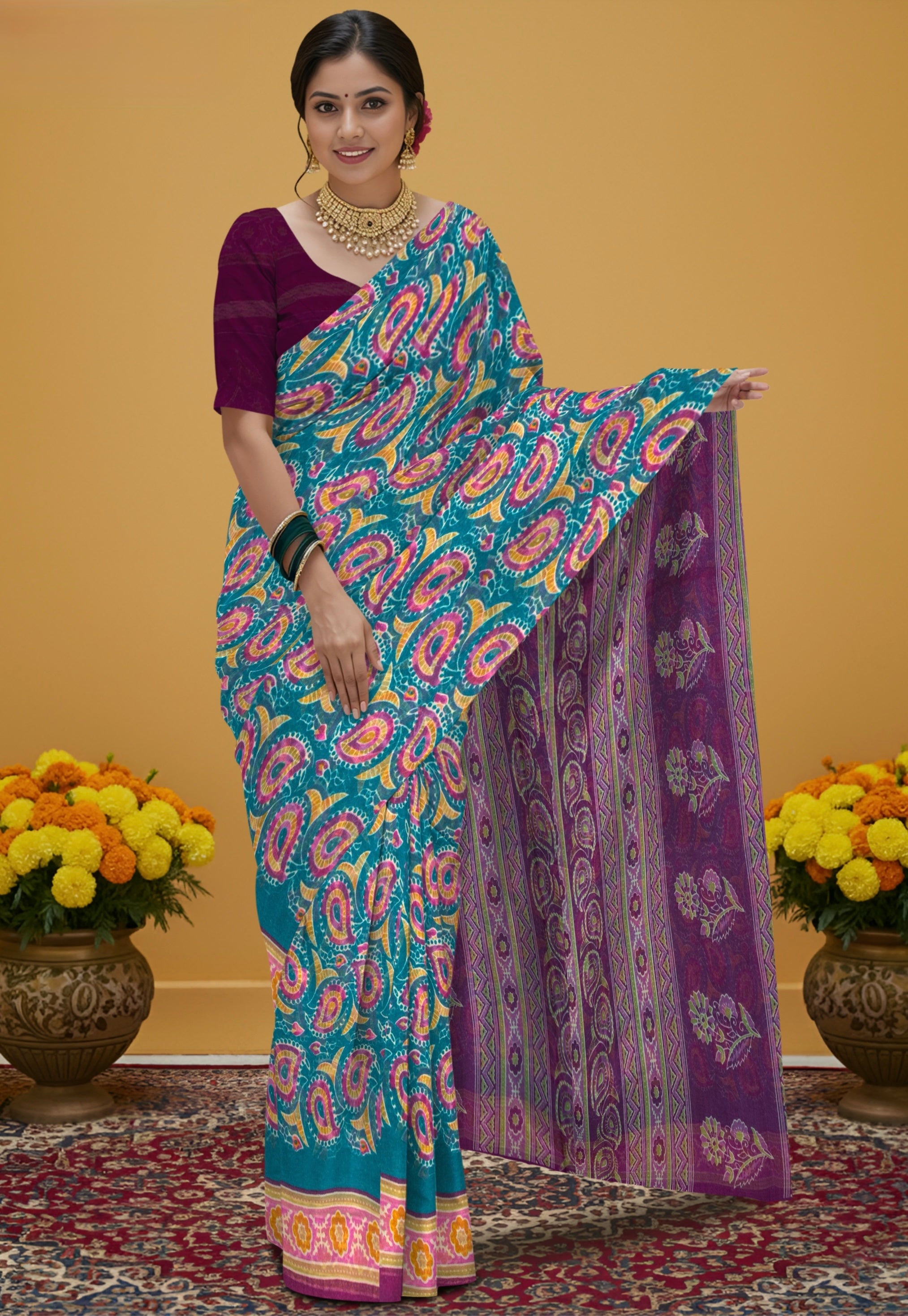 Kalamkari indo cotton saree  print pallu