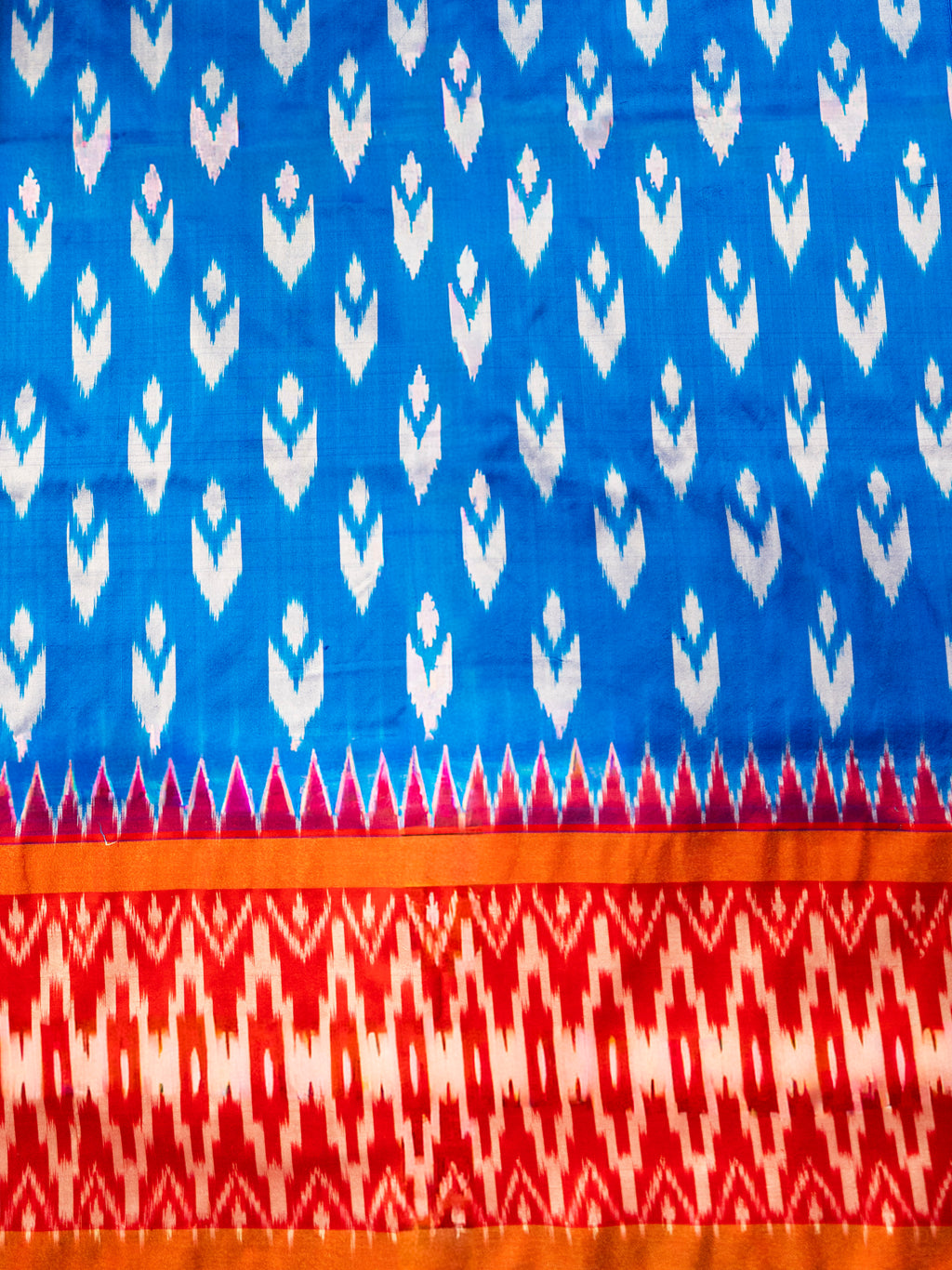 Pure Pochampally Double Ikat Blue Silk Saree with Red Ikat & Golden Zari pallu and border