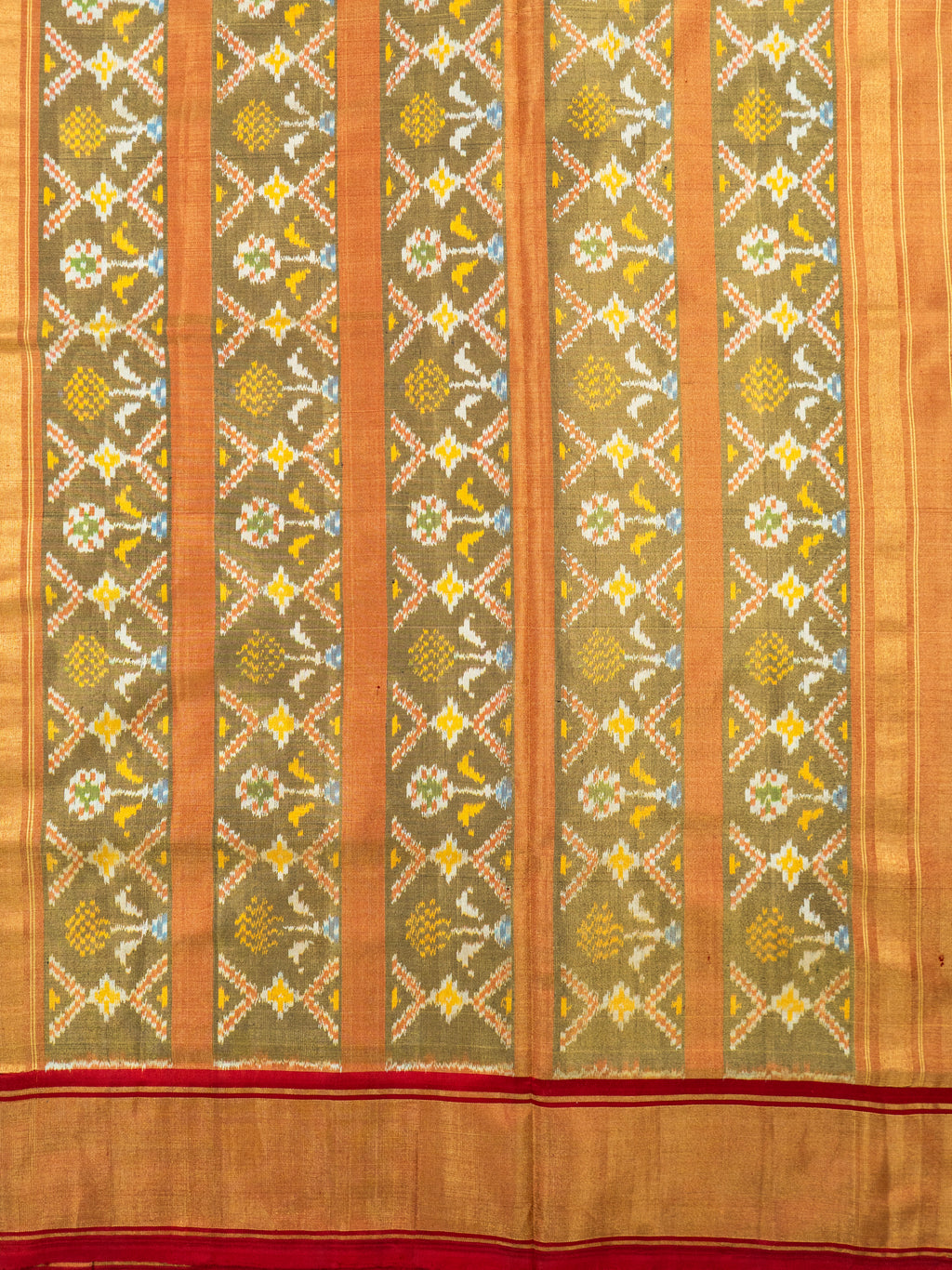 Pure Pochampally Silk Saree in Brown with Gold Zari Sparkle & Orange Ikat Pallu