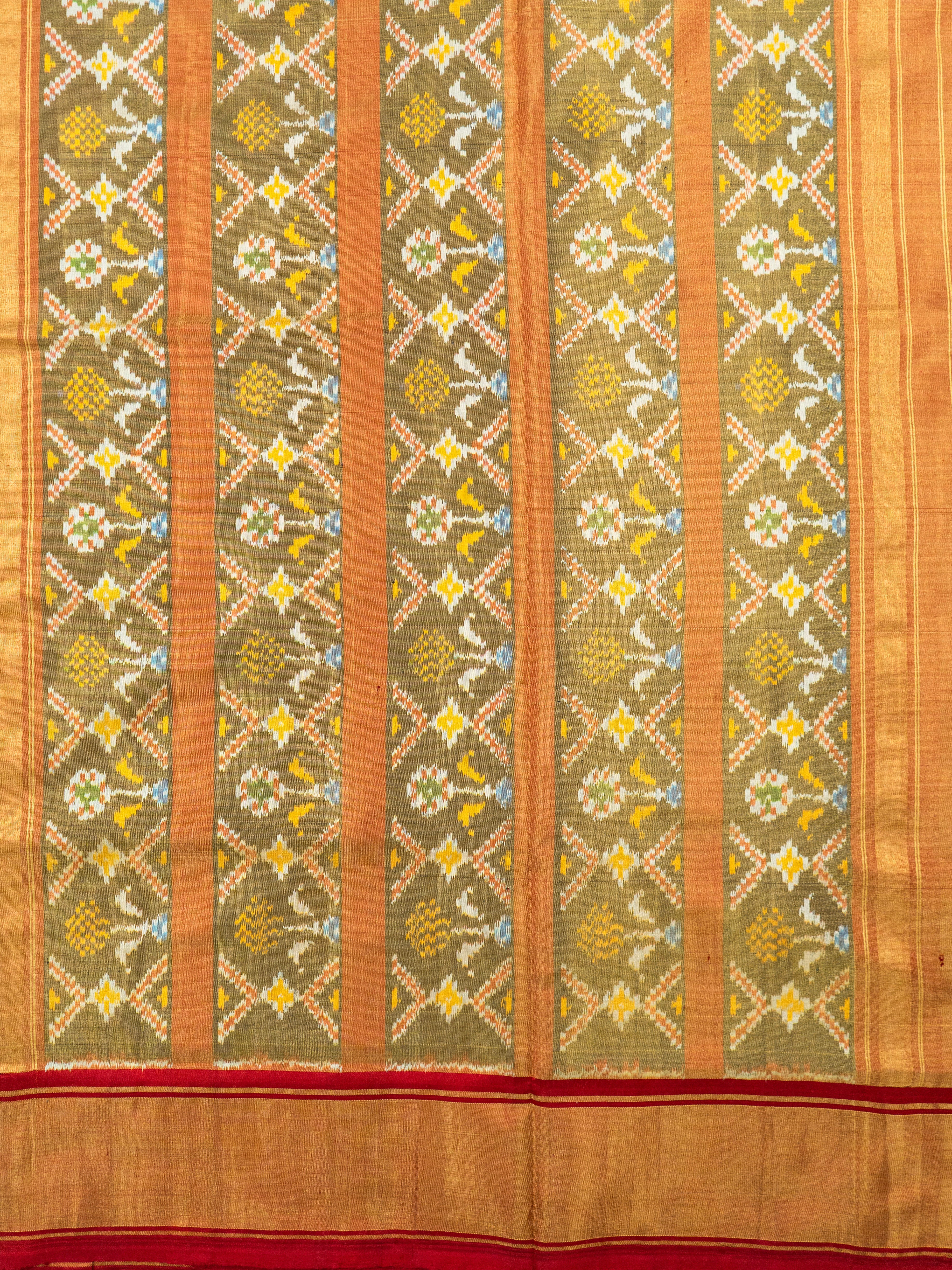 Pure Pochampally Silk Saree in Brown with Gold Zari Sparkle & Orange Ikat Pallu