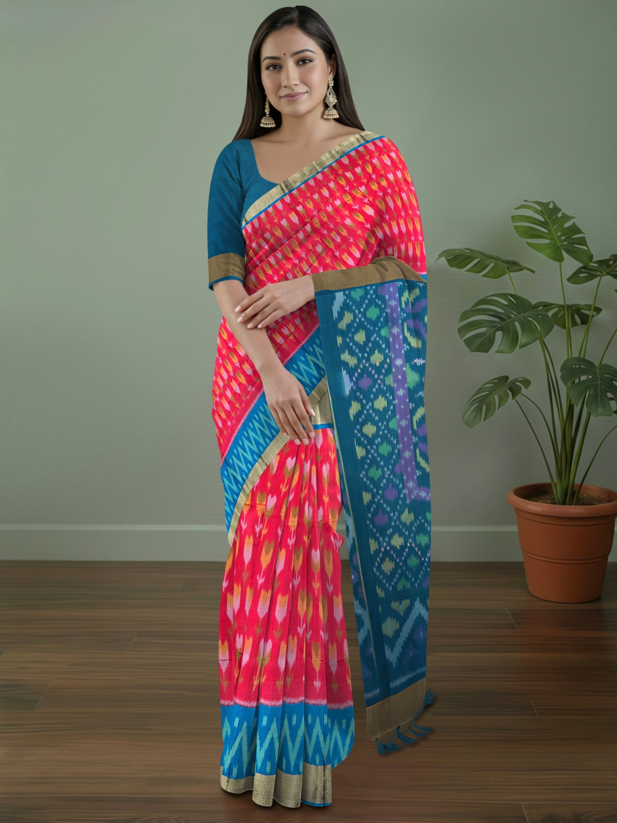 Pure Pochampally Silk Saree in Red with Lotus Ikat Weaving & Contrast Blue Ikat Pallu