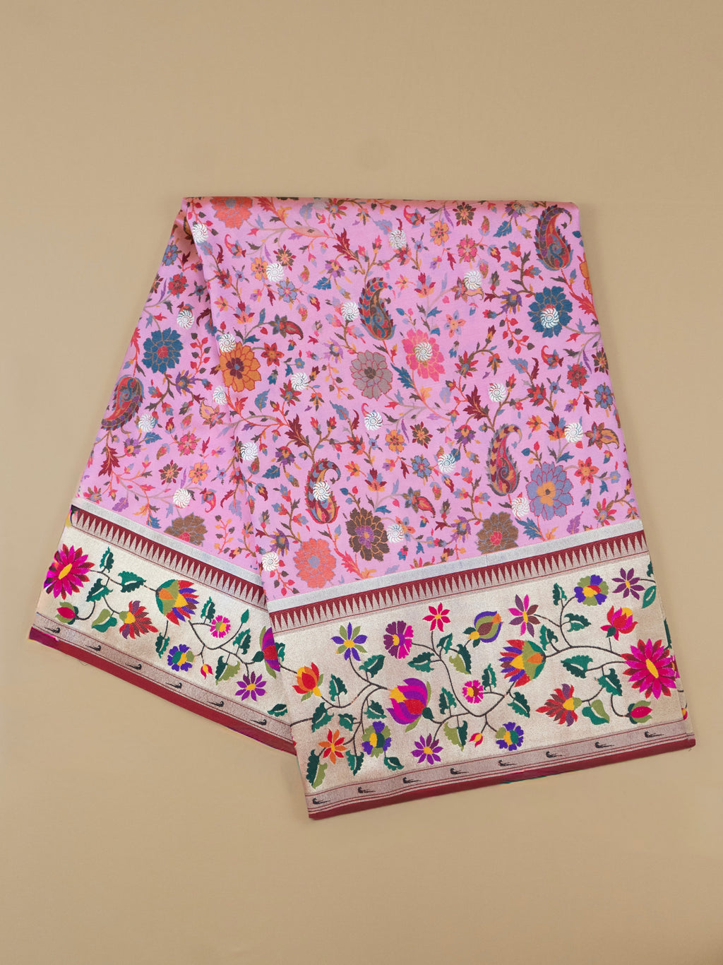Pure Maharashtrian Patni Silk Saree in Pink with Floral Print & Silver Zari Pallu