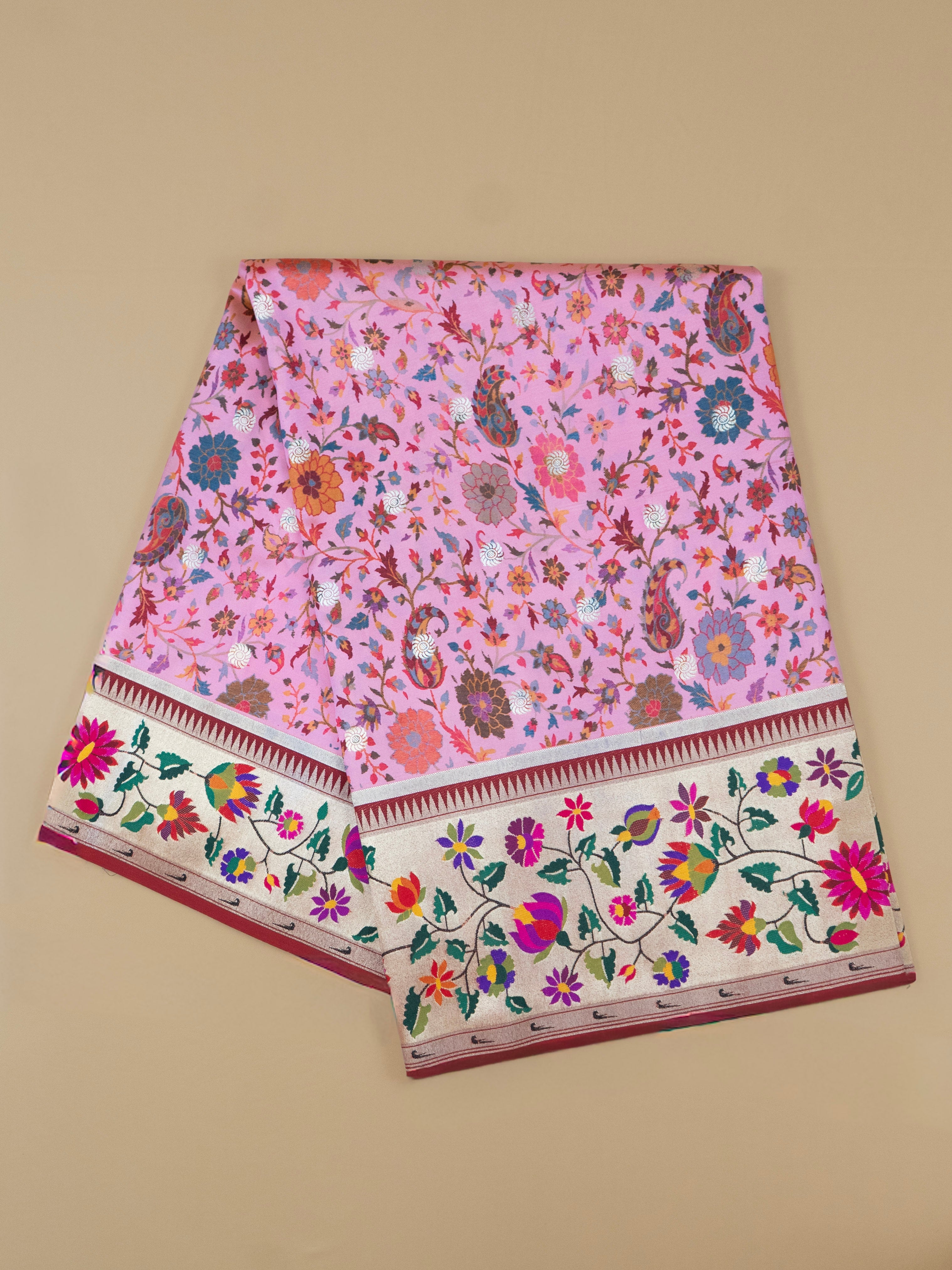 Pure Maharashtrian Patni Silk Saree in Pink with Floral Print & Silver Zari Pallu