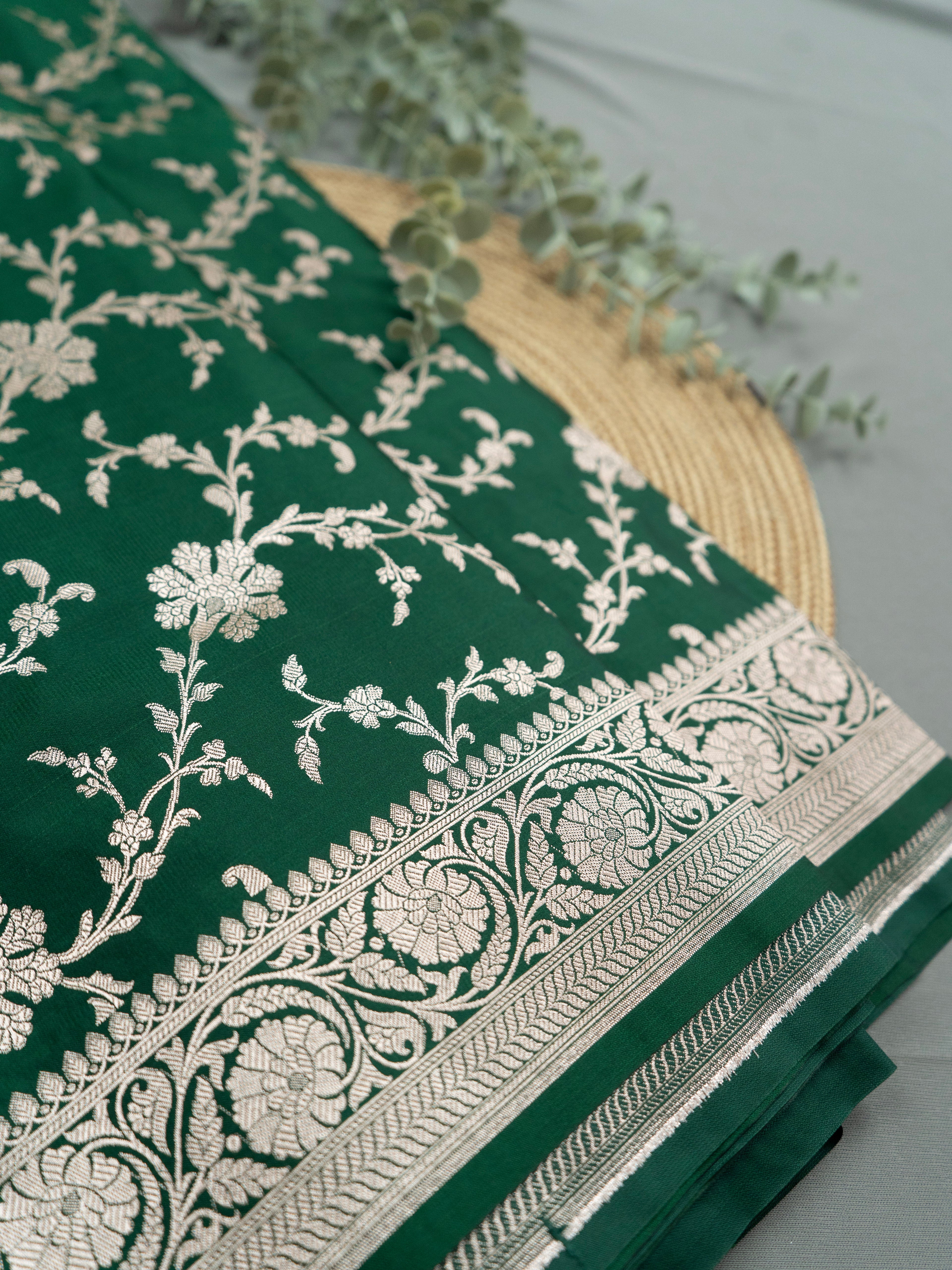 Pure Banarasi Katan Silk Saree in Deep Bottle Green with Multicolor Floral Zari & Grand Zari Pallu