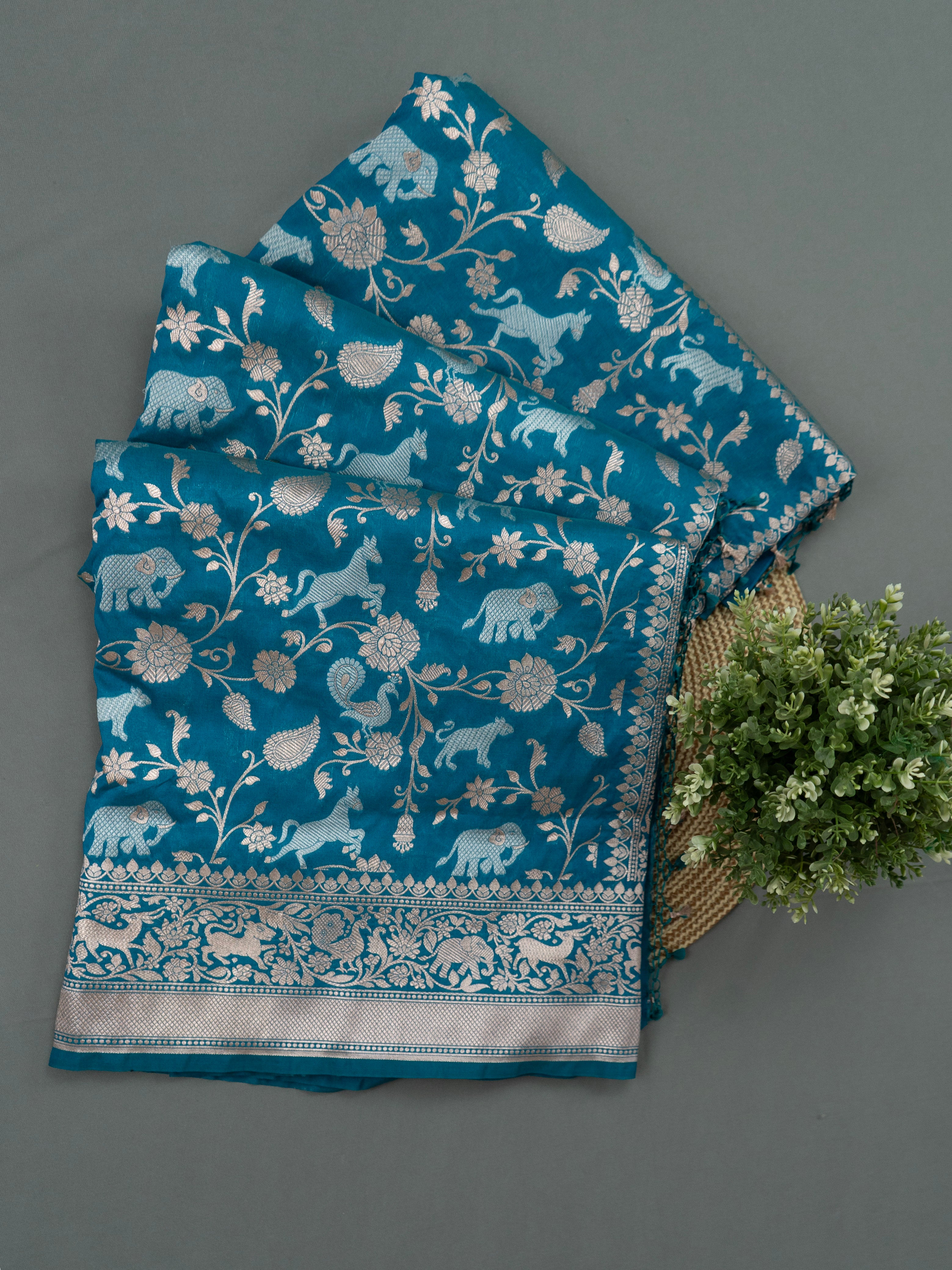 Pure Banarasi Katan Silk Saree with Elephant & Animal Motif Weaving and Silver Zari