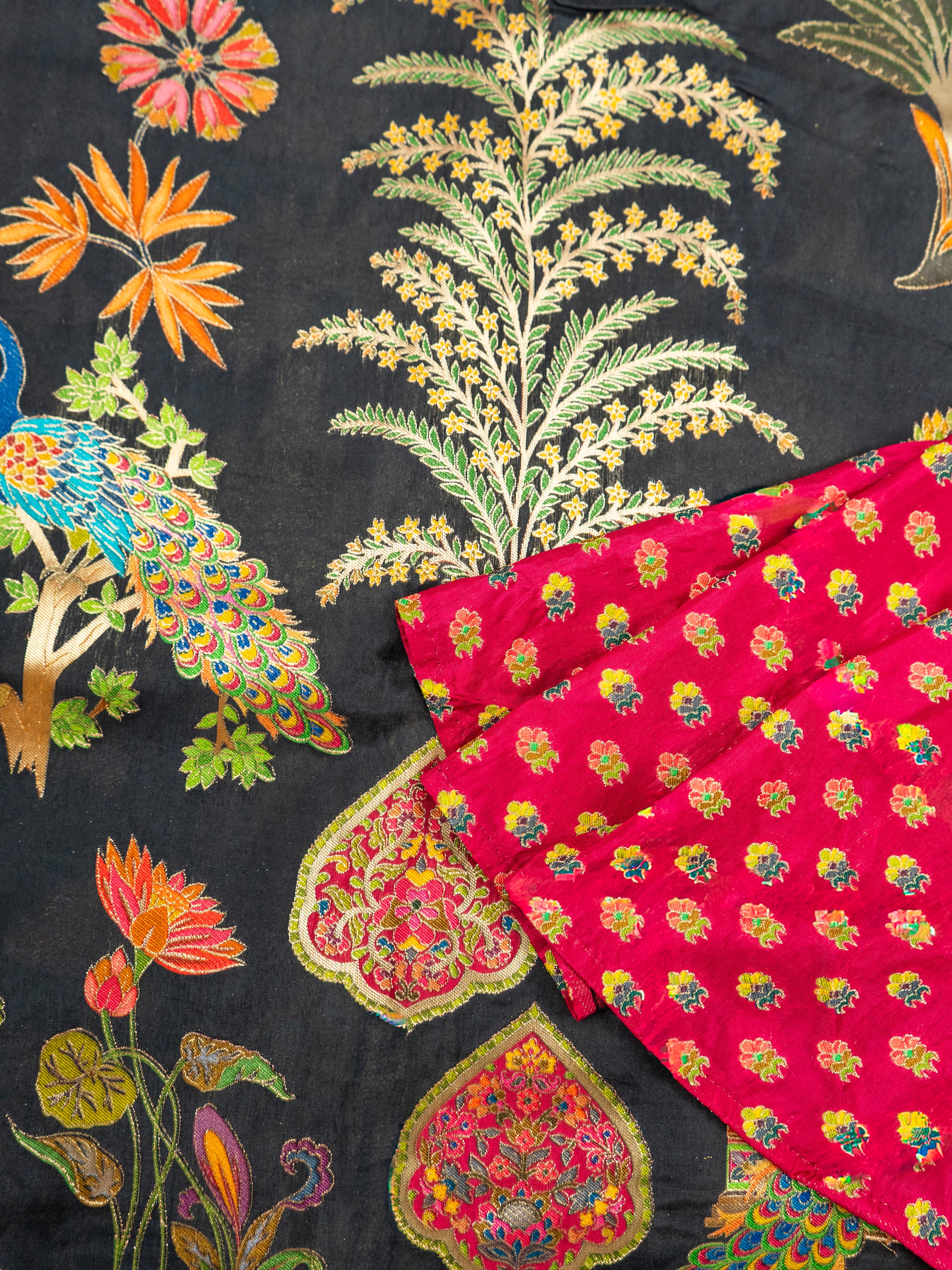 Pure Rajwada Silk Saree in Black with Animal Weaving & Red Contrast Blouse