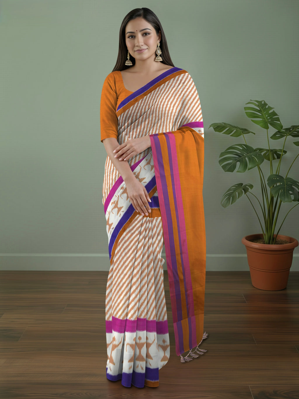 Pure Pochampally Double Ikat Silk Saree in Brown & White with Kalamkari Border