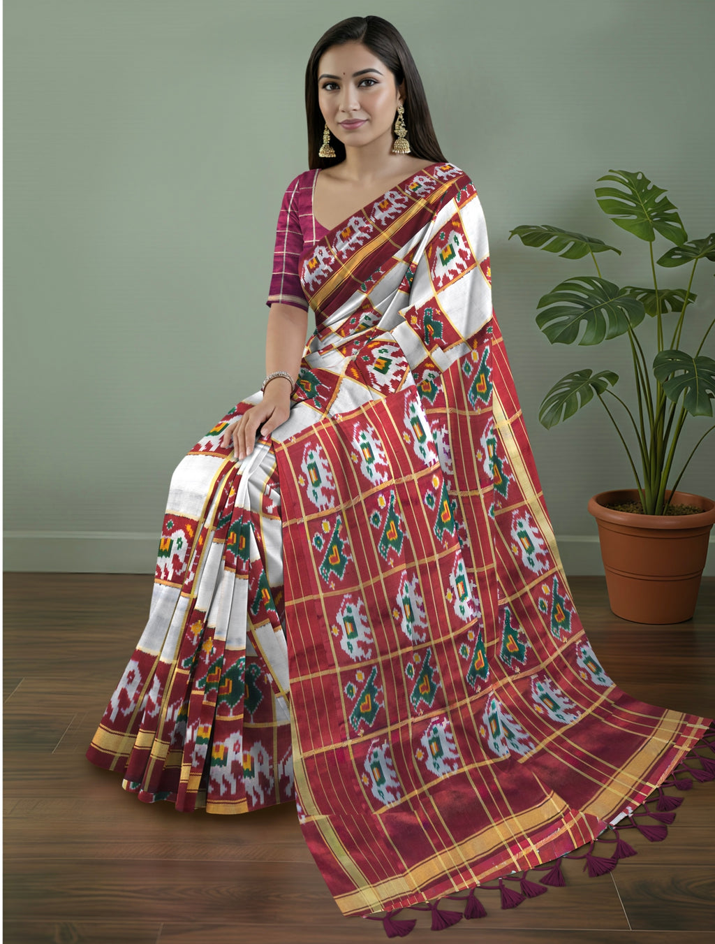 Pure Pochampally Double Ikat Silk Saree in Ghat Chola Checks with Elephant Ikat & Golden Zari