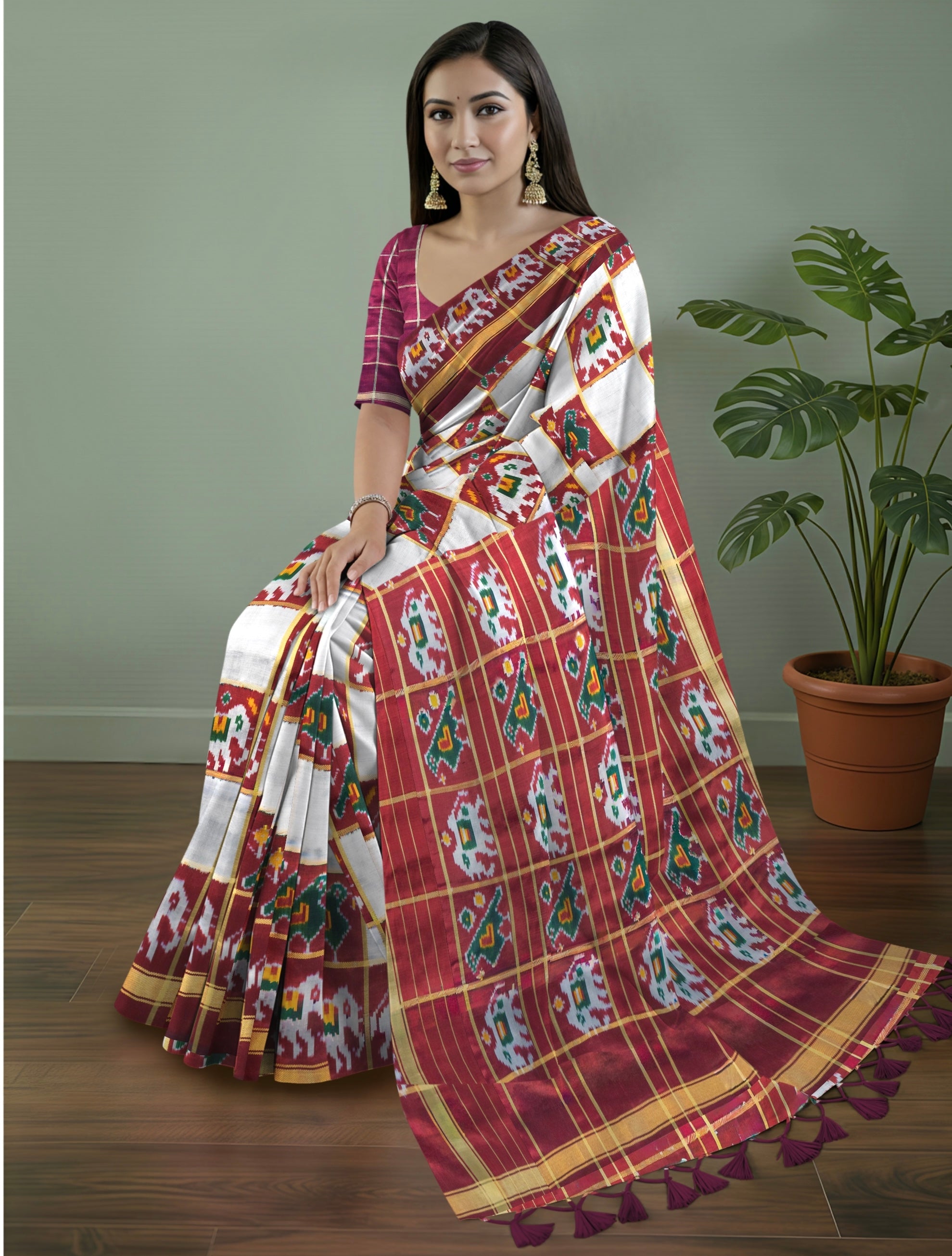 Pure Pochampally Double Ikat Silk Saree in Ghat Chola Checks with Elephant Ikat & Golden Zari