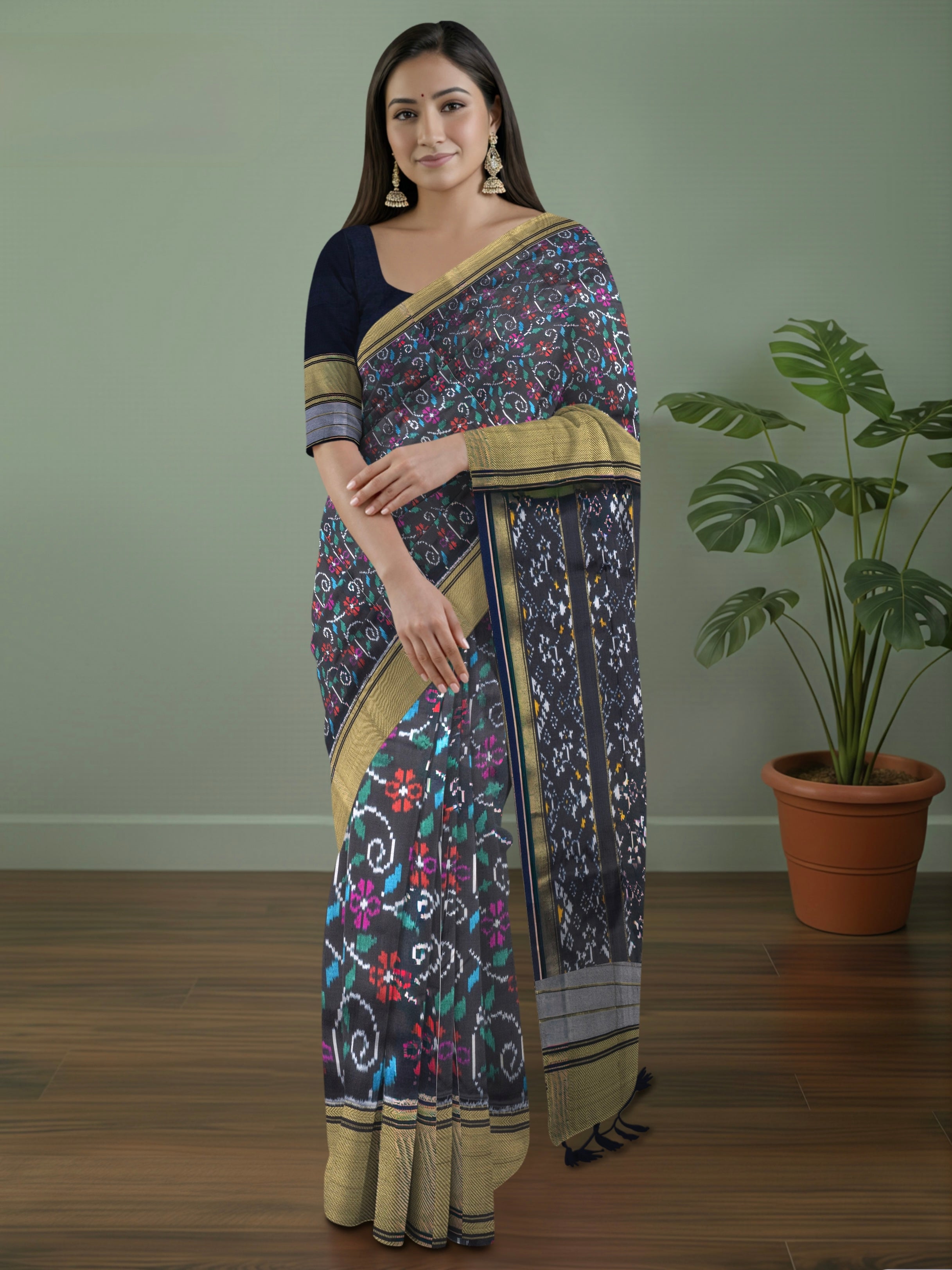 Pure Pochampally Kanjivaram Ikat Silk Saree with Gold Zari Border & Floral Ikat Weaving