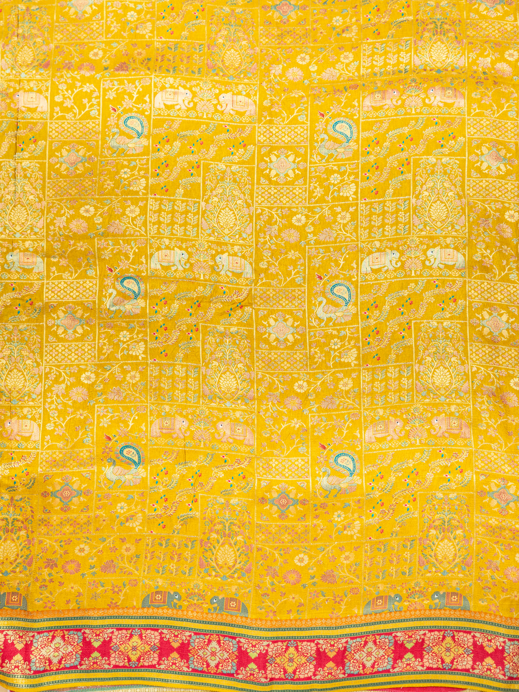 Pure Rajwada Silk Saree in Mustard Yellow with Red Contrast Border & Intricate Pallu
