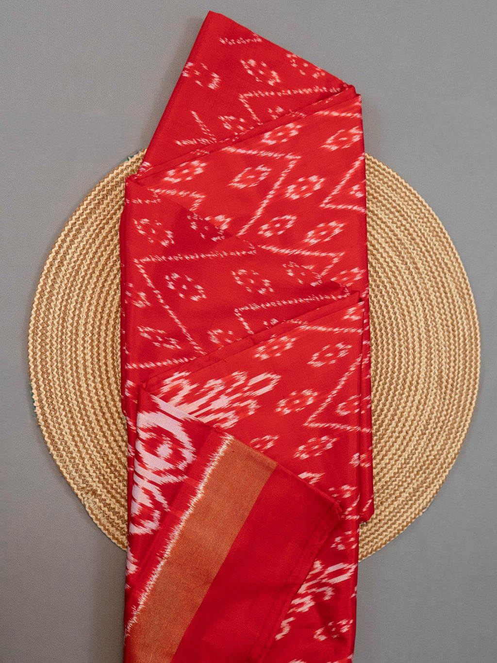 Pure Pochampally Double Ikat Red Silk Saree with Ikat Pallu & Golden Zari Blouse