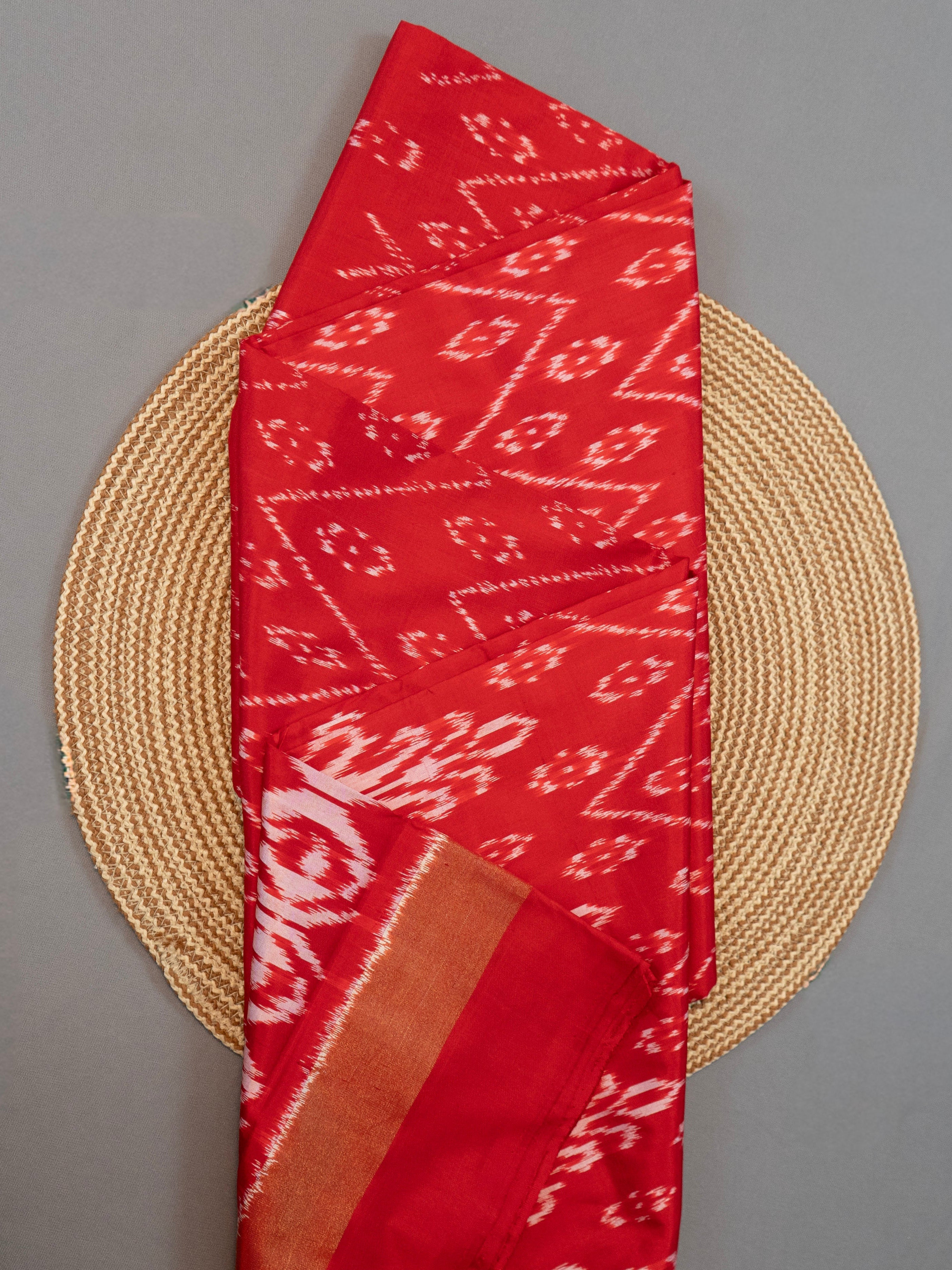 Pure Pochampally Double Ikat Red Silk Saree with Ikat Pallu & Golden Zari Blouse