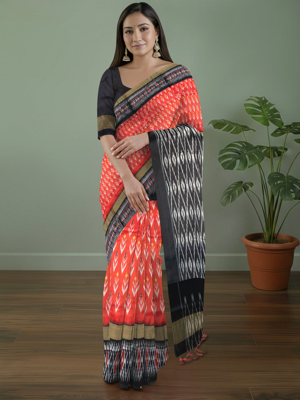 Pure Pochampally Silk Double Ikat Saree in Red with Black Pallu