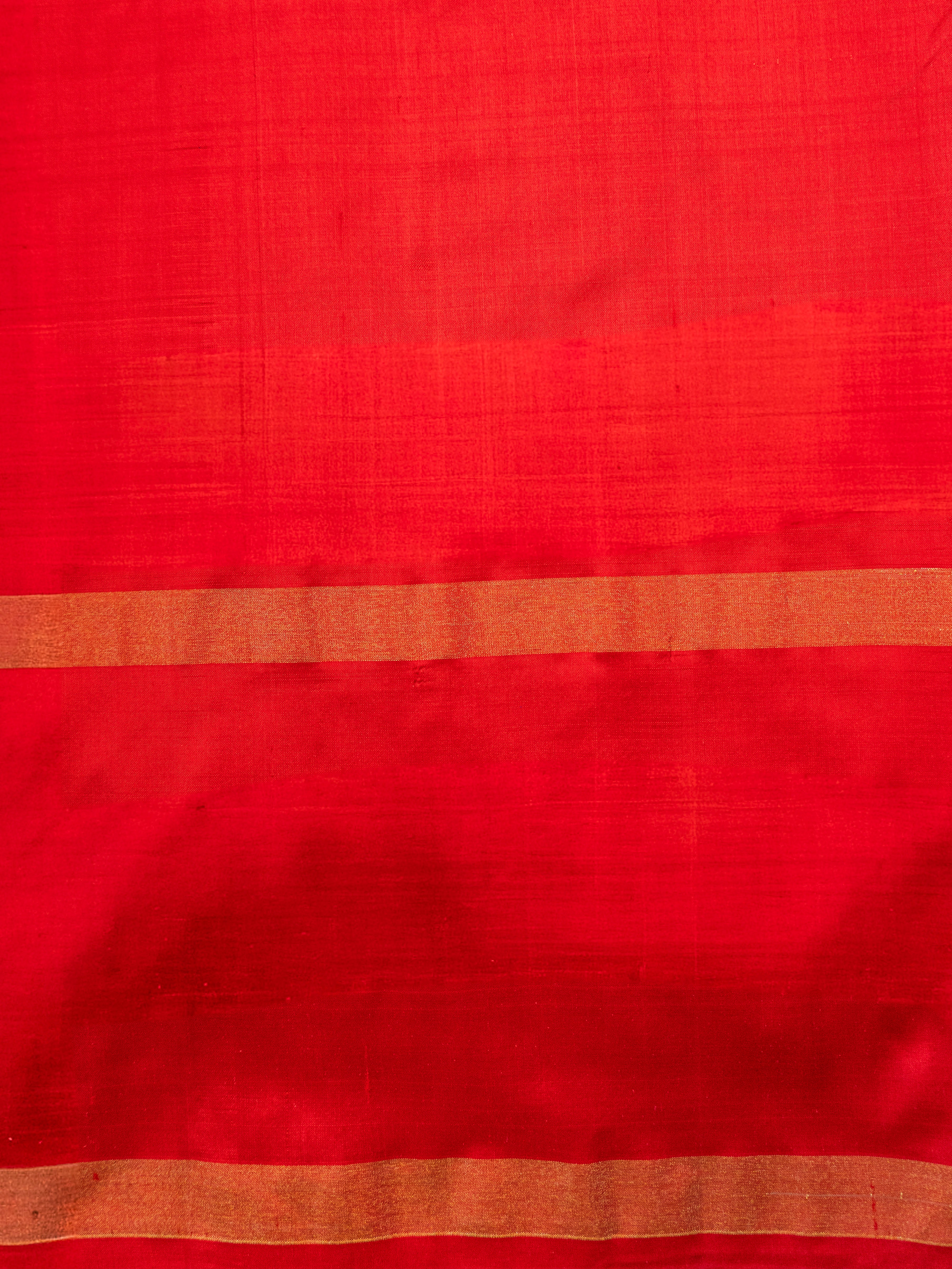 Pure Pochampally Double Ikat Blue Silk Saree with Red Ikat & Golden Zari pallu and border