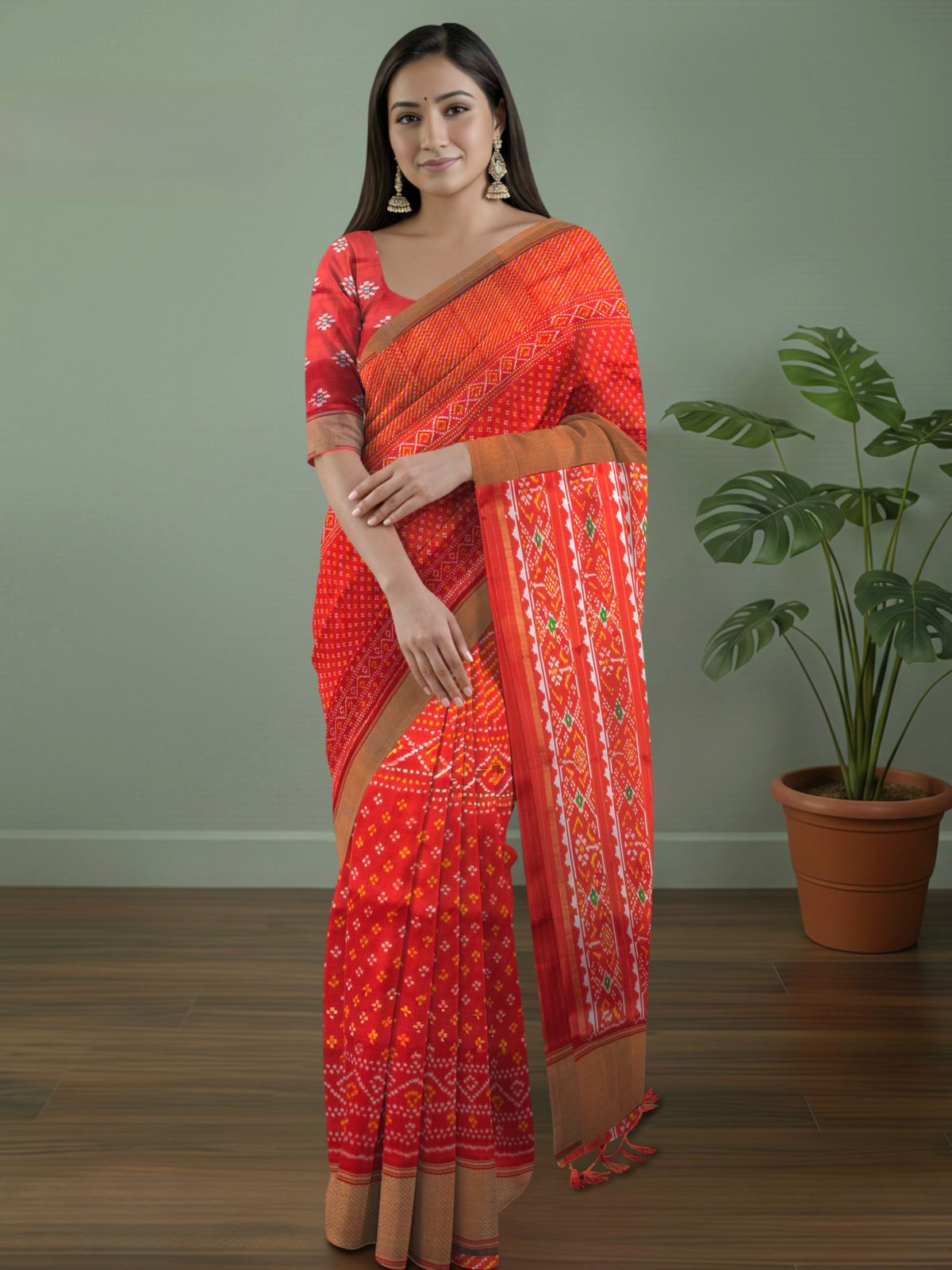 Pure Pochampally Double Ikat Fusion Silk Saree in Deep Red with Ikat & Bandhini Weave