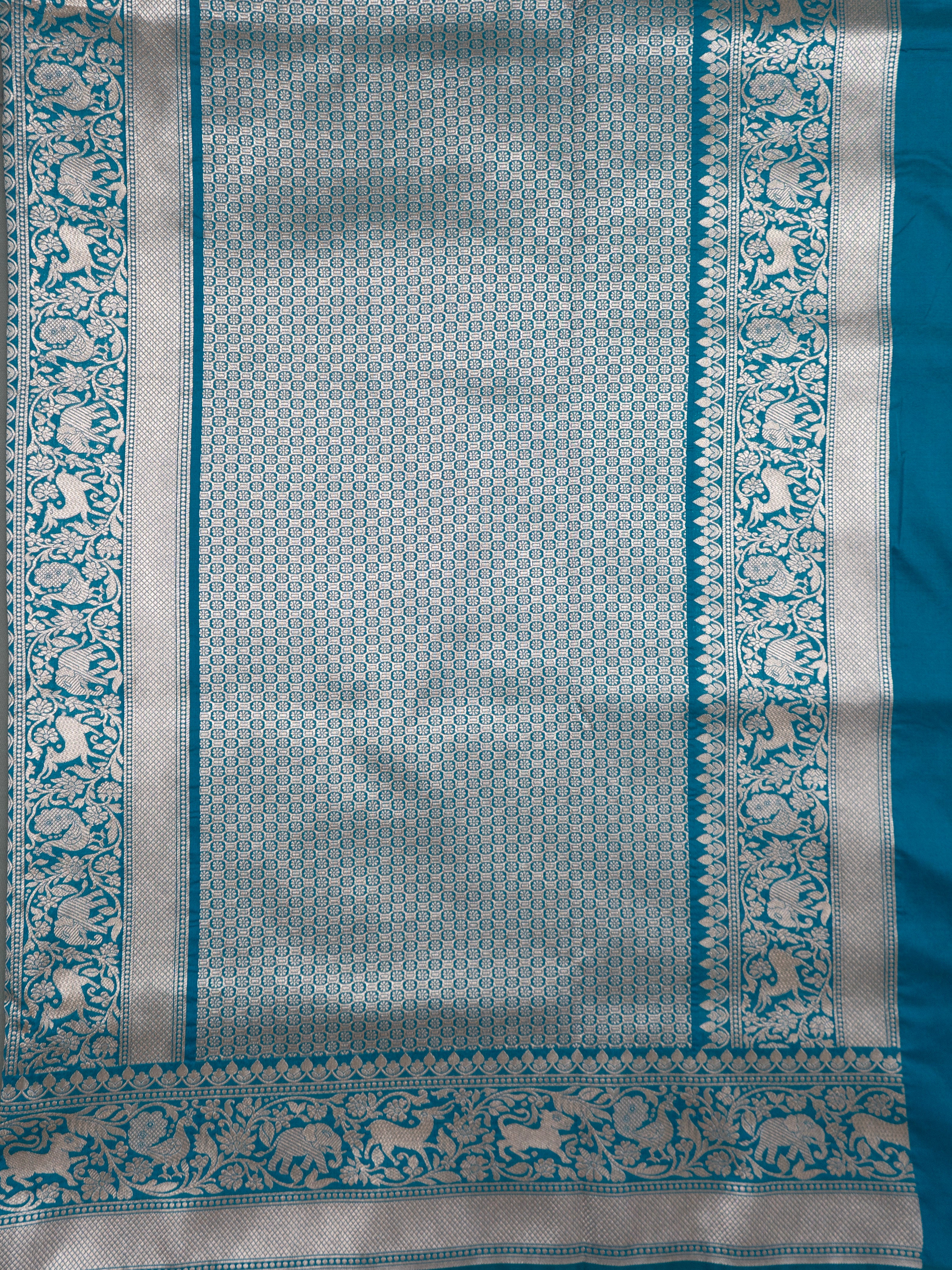 Pure Banarasi Katan Silk Saree with Elephant & Animal Motif Weaving and Silver Zari