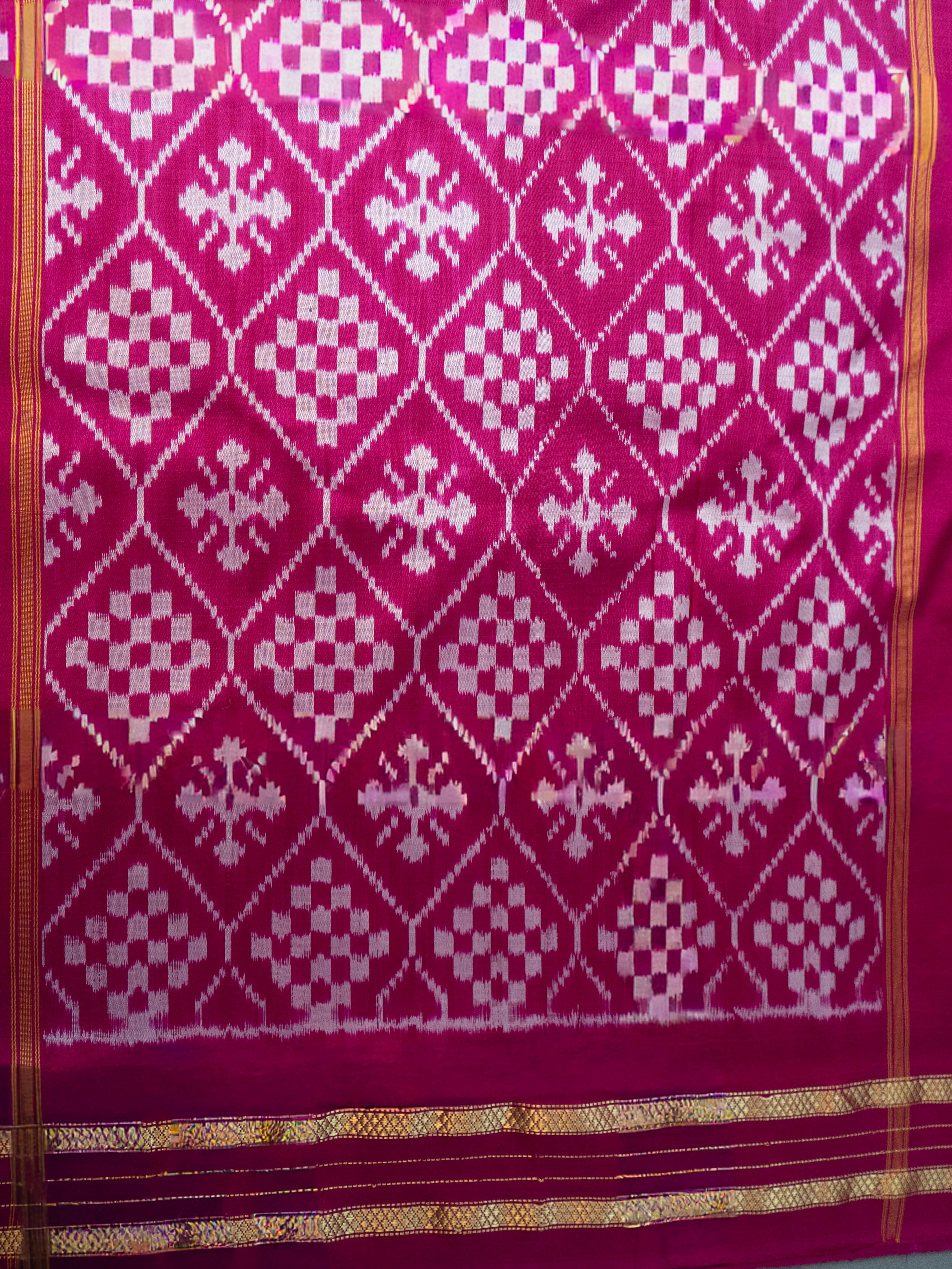 Pure Pochampally Double Ikat Silk Saree in Pink with Ikat Pallu, Golden Zari & Plain Blouse