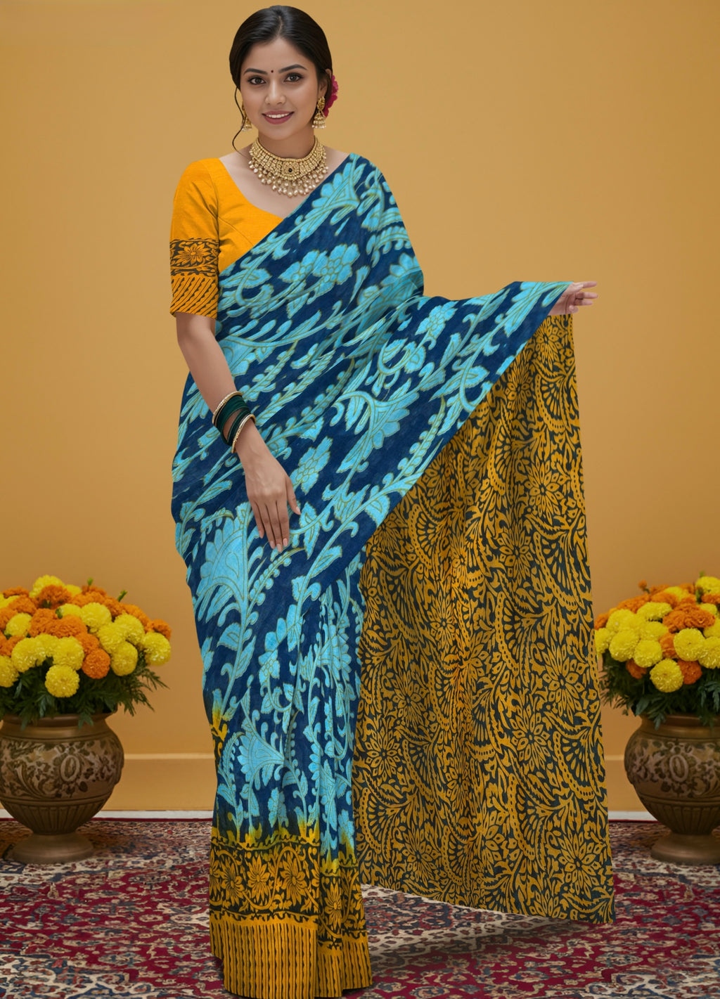 Kalamkari Floral Print Saree with Contrast Kalamkari Pallu & Border