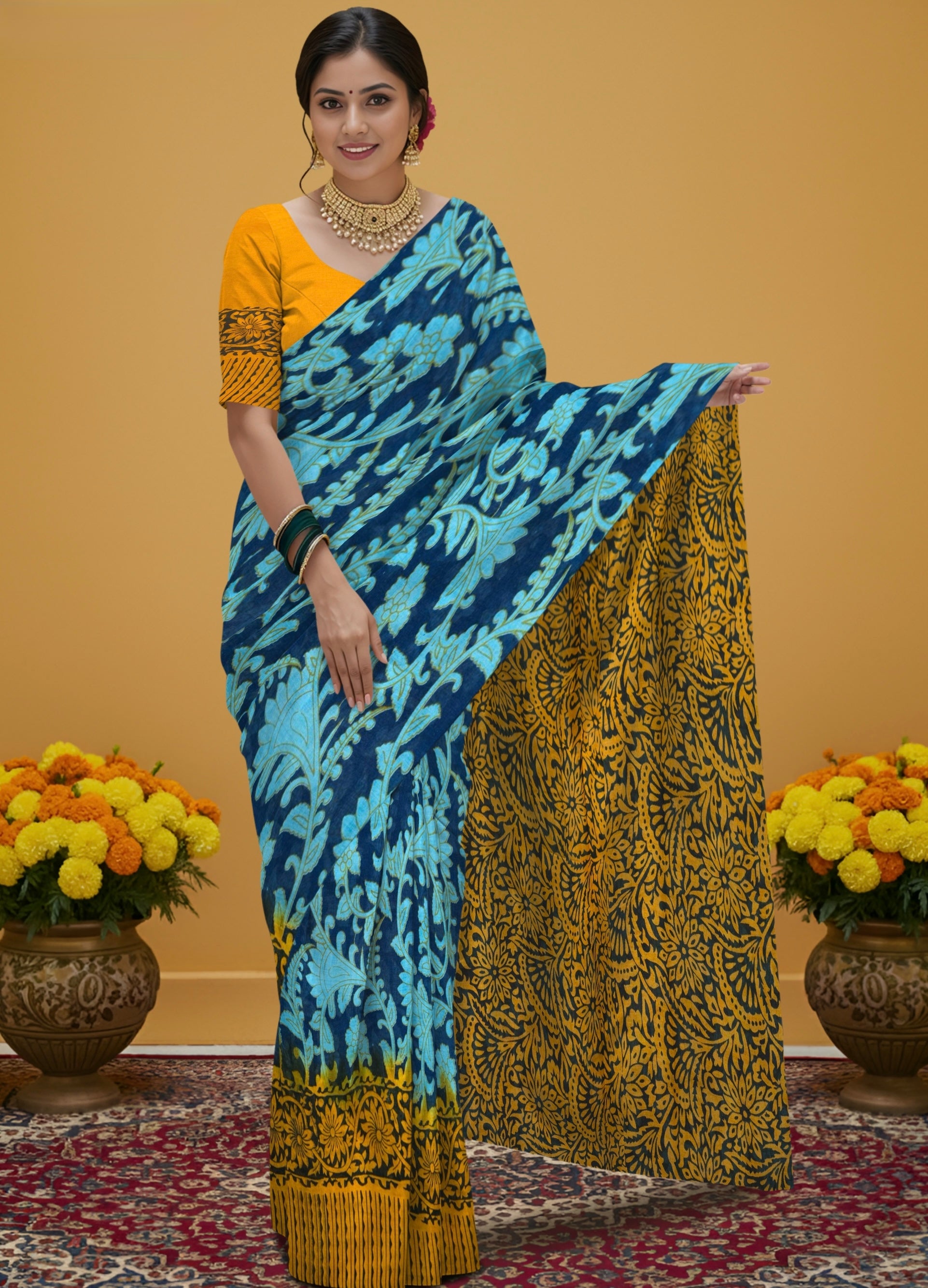 Kalamkari Floral Print Saree with Contrast Kalamkari Pallu & Border