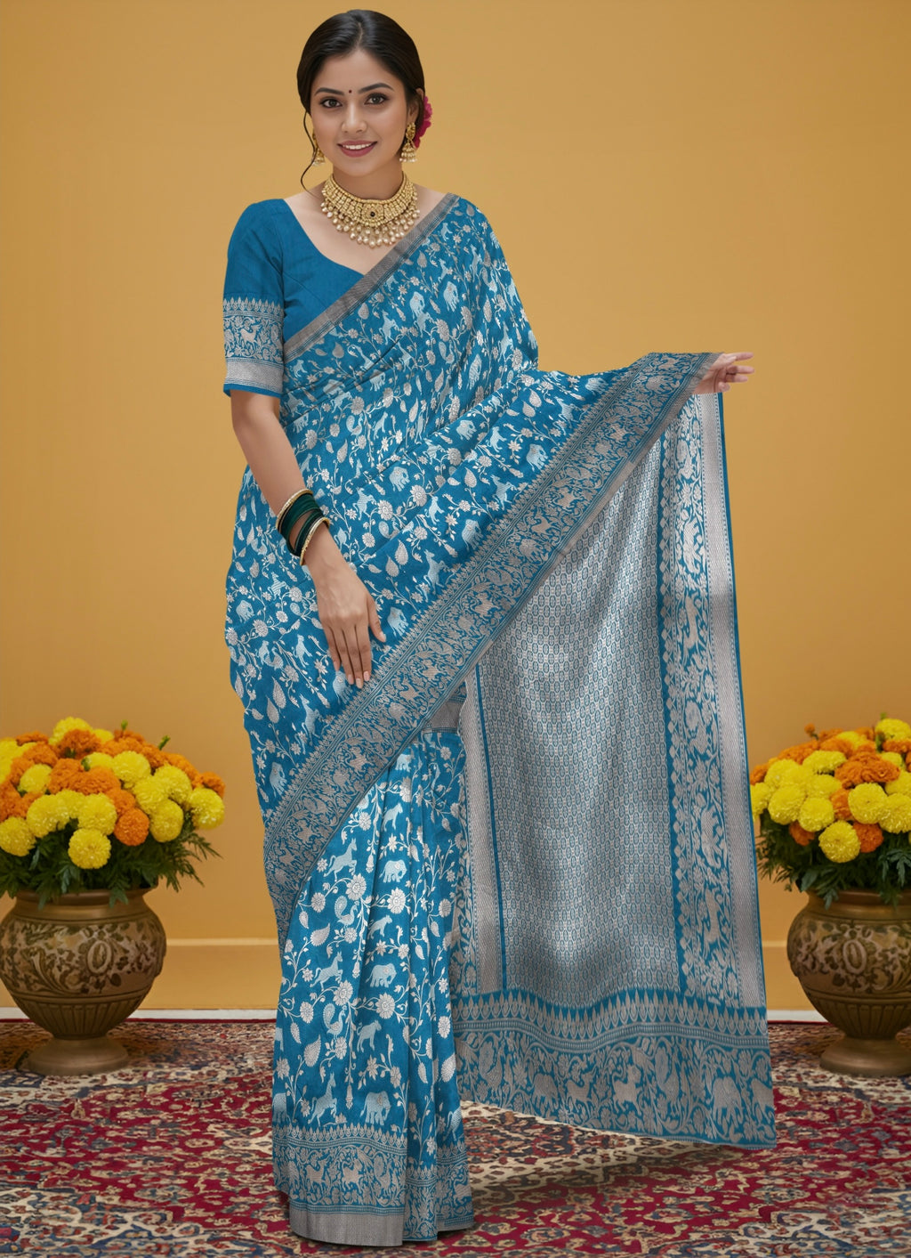 Pure Banarasi Katan Silk Saree with Elephant & Animal Motif Weaving and Silver Zari