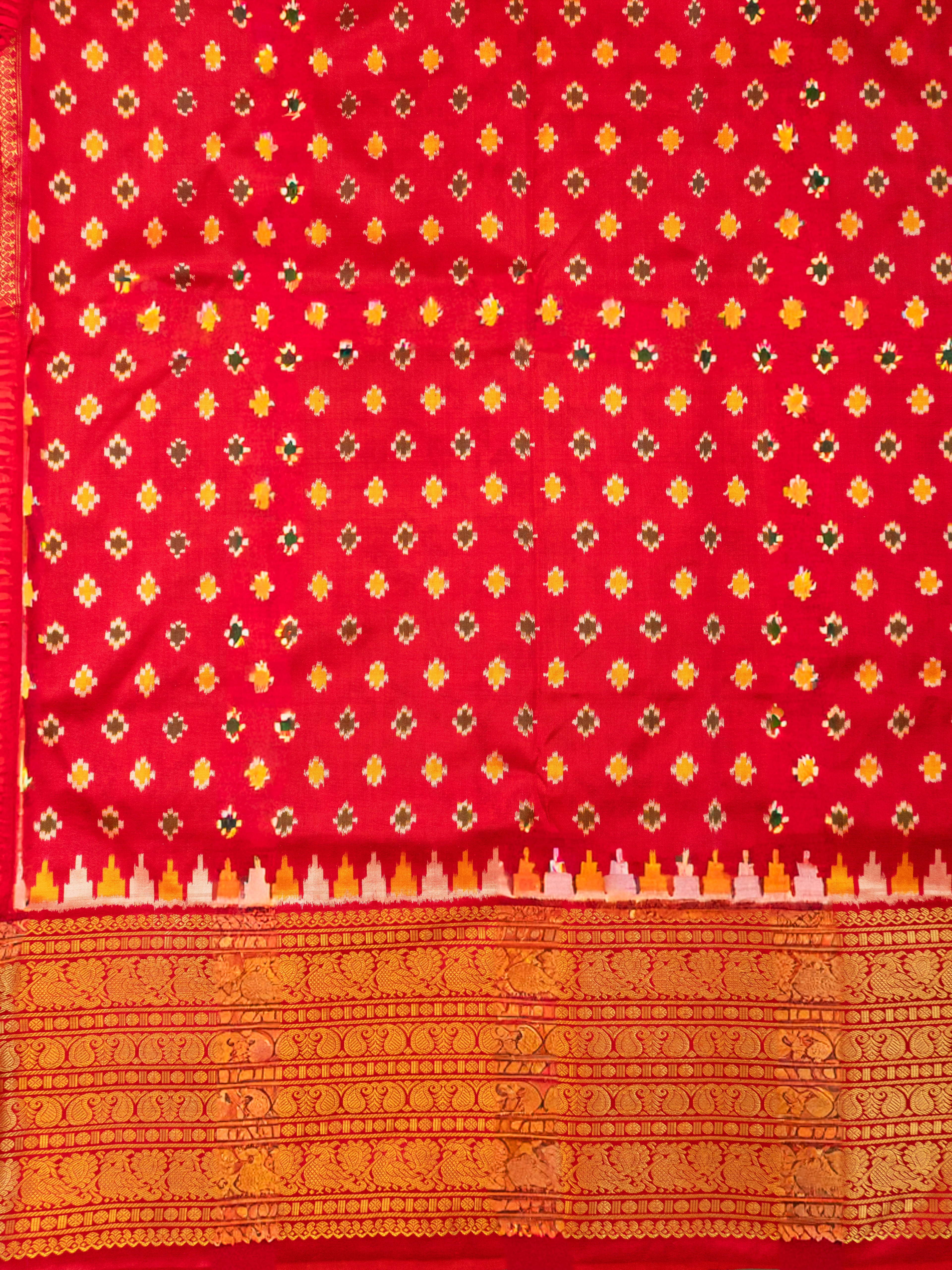 Pure Pochampally Ikat Silk Saree in Orange with Animal Motifs, Kanjivaram Border & Red Zari Pallu