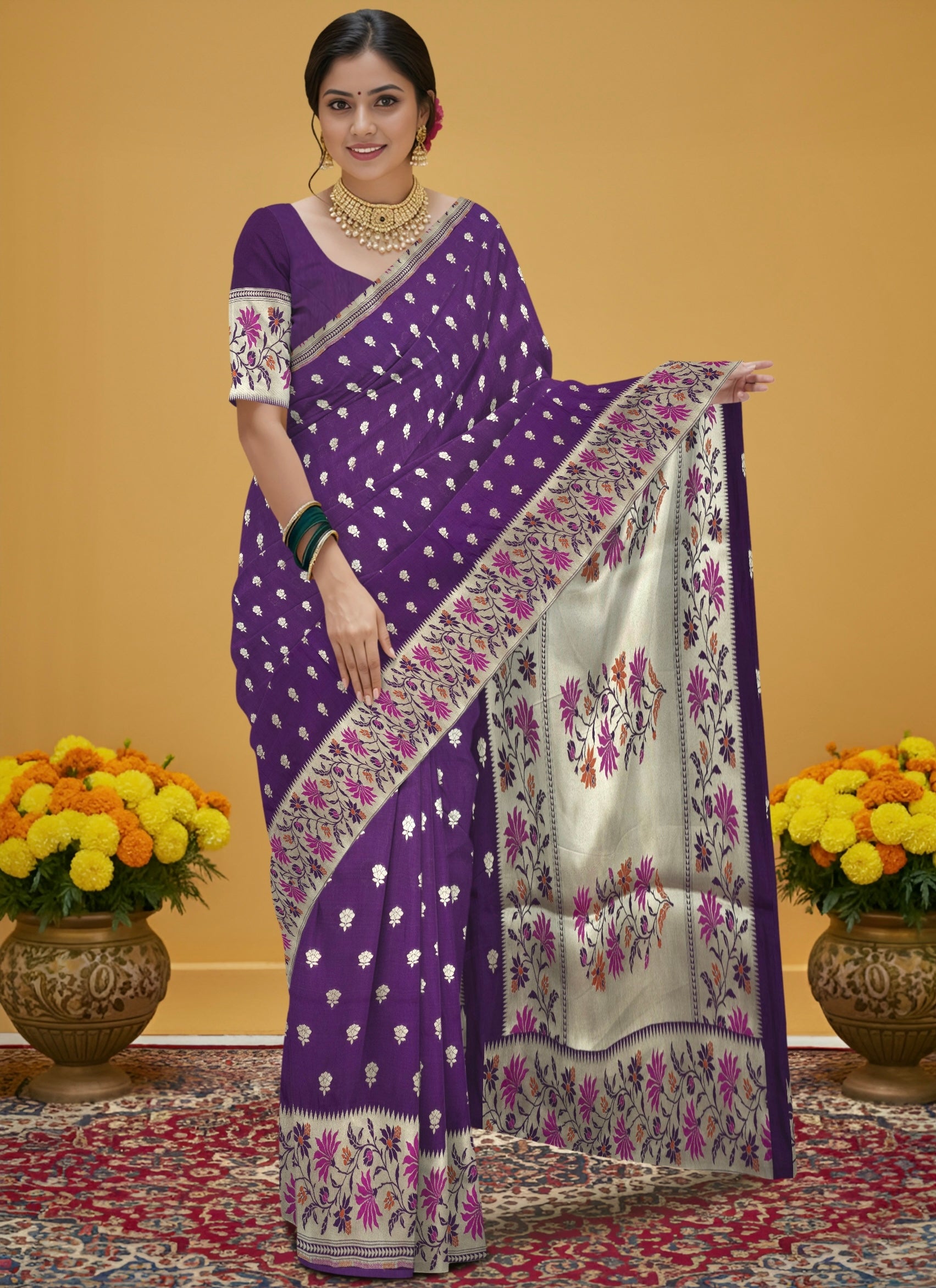 Pure Banarasi Katan Silk Saree in Deep Violet with Multicolor Floral Zari & Rich Zari Pallu