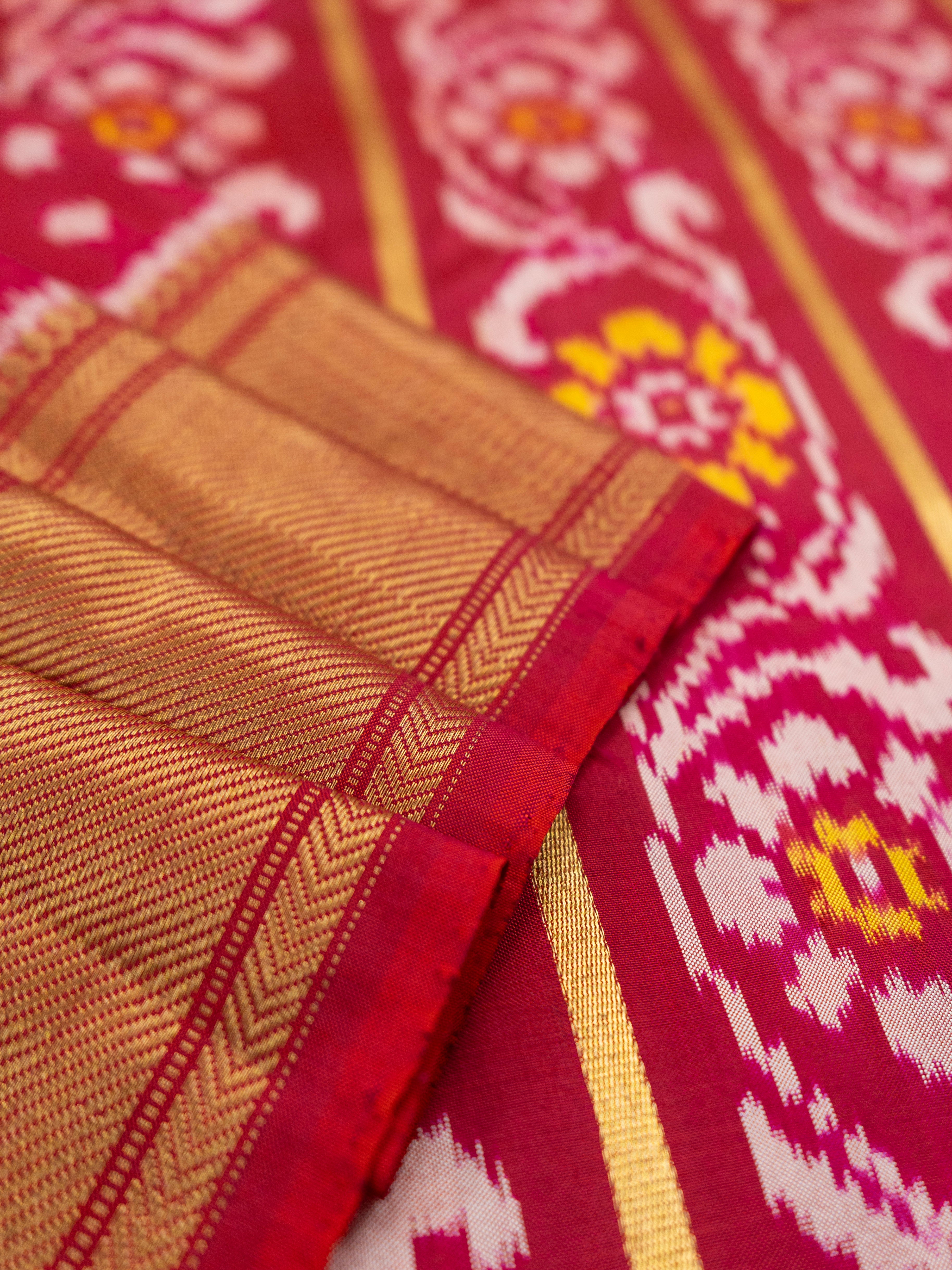 Pure Pochampally Double Ikat Silk Saree in Deep Red with Multicolour Ikat & Gold Zari