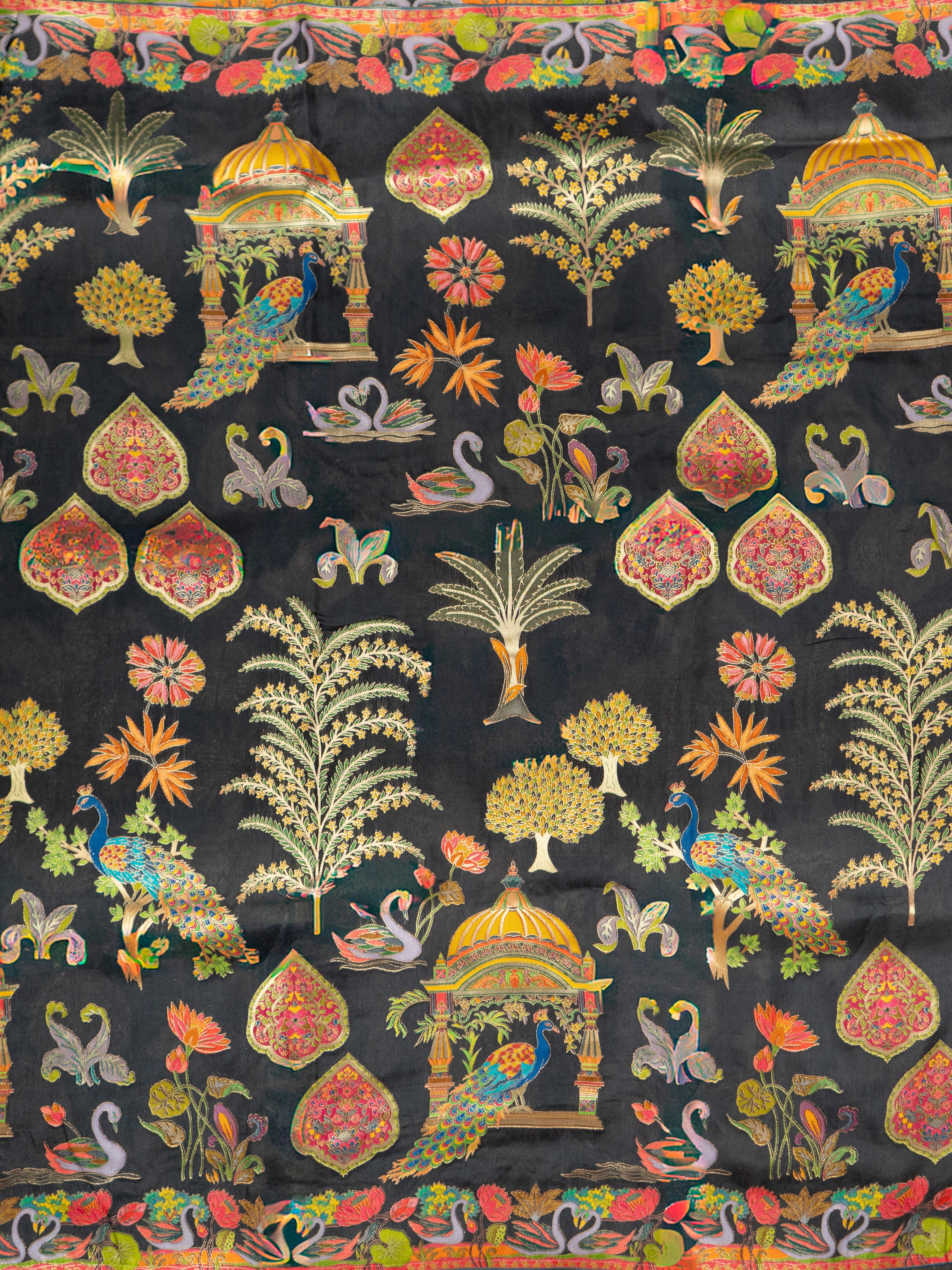 Pure Rajwada Silk Saree in Black with Animal Weaving & Red Contrast Blouse