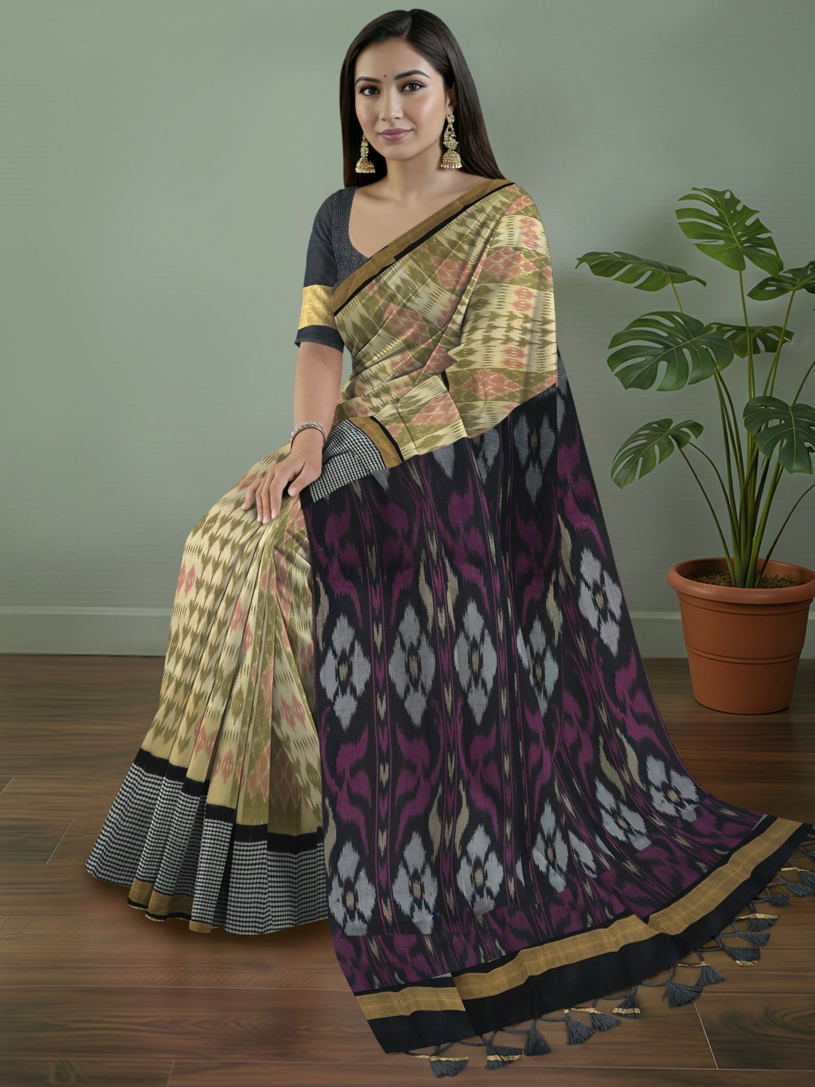 Pure Pochampally Double Ikat Silk Saree in Cream Beige with Multicolour Ikat pattern on Black Pallu