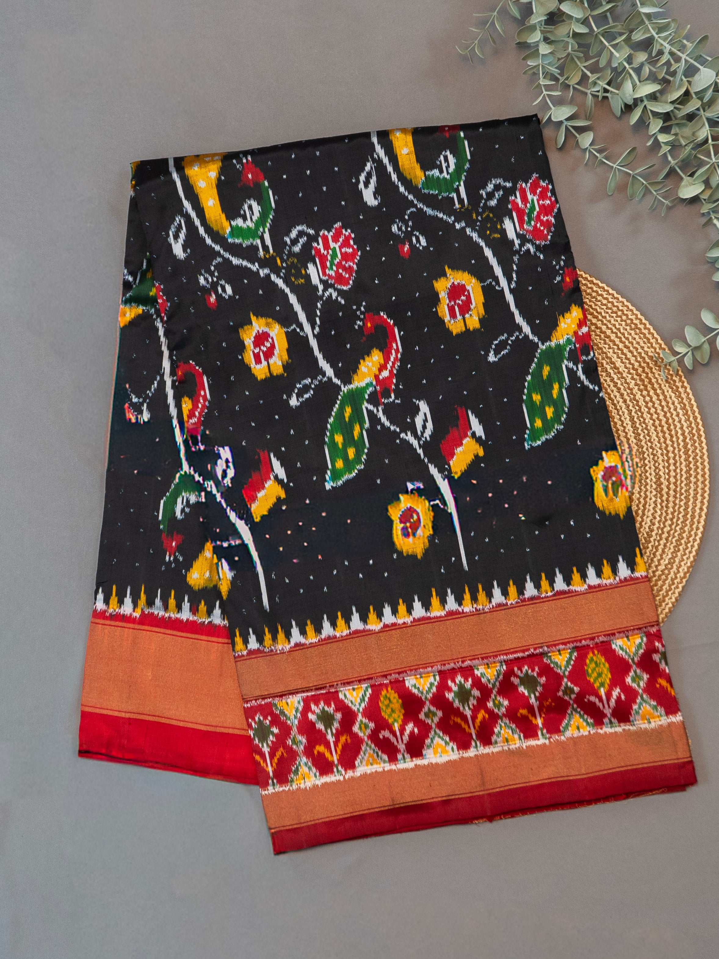 Pure Pochampally Ikat Silk Saree in Black with Animal Motif Weaving & Red Blouse