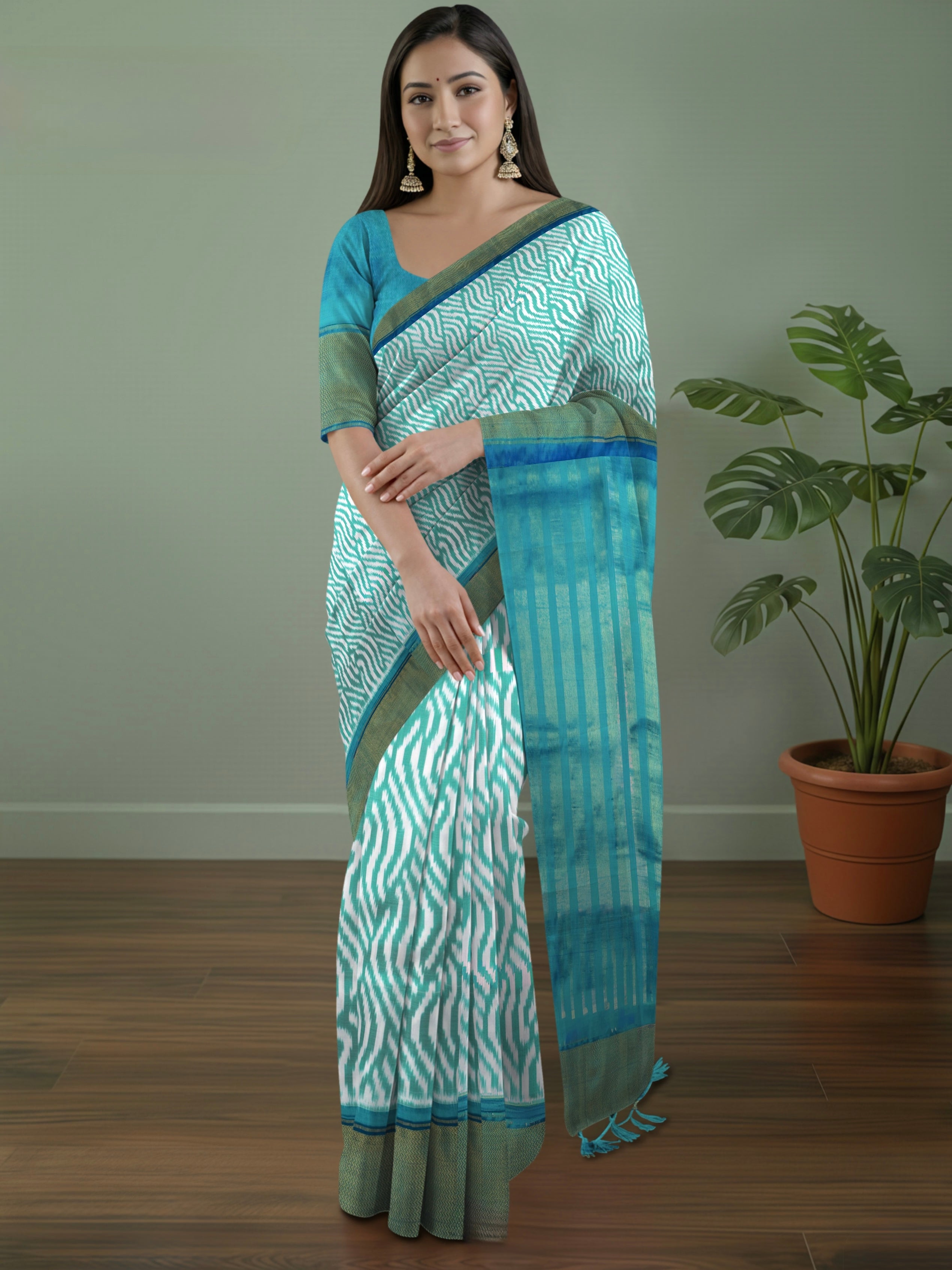 Pure Pochampally Double Ikat Silk Saree in Sea Green & White with Zari Pallu