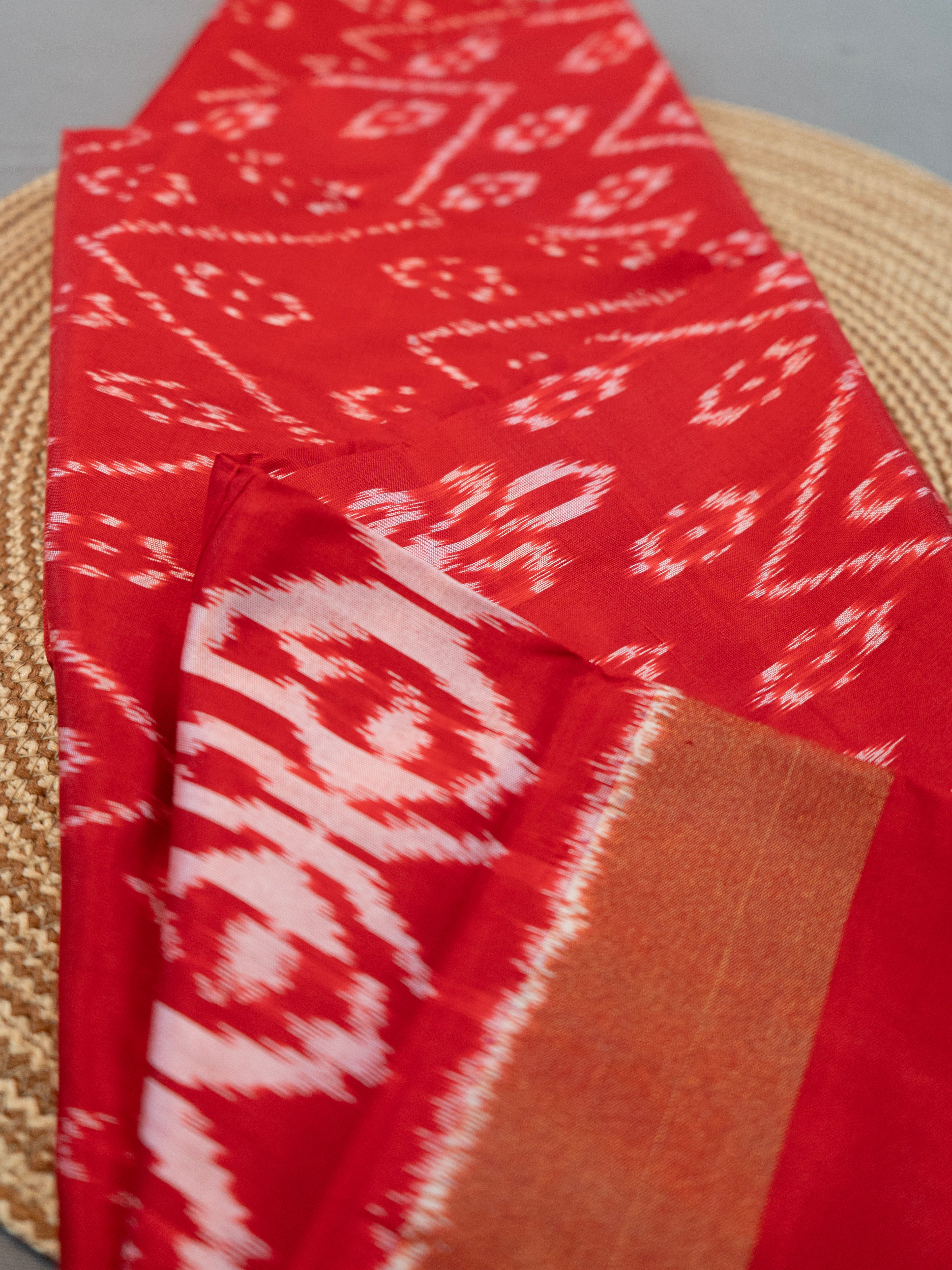 Pure Pochampally Double Ikat Red Silk Saree with Ikat Pallu & Golden Zari Blouse