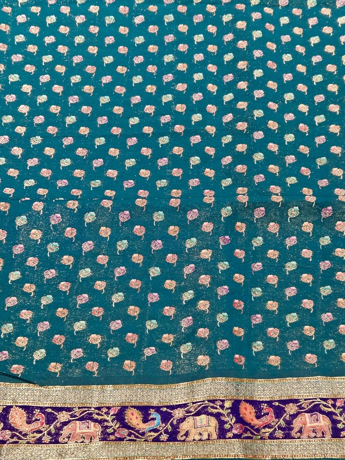 Pure Rajwada Silk Saree in Baby Pink with Elephant Weaving & Sea Green Blouse