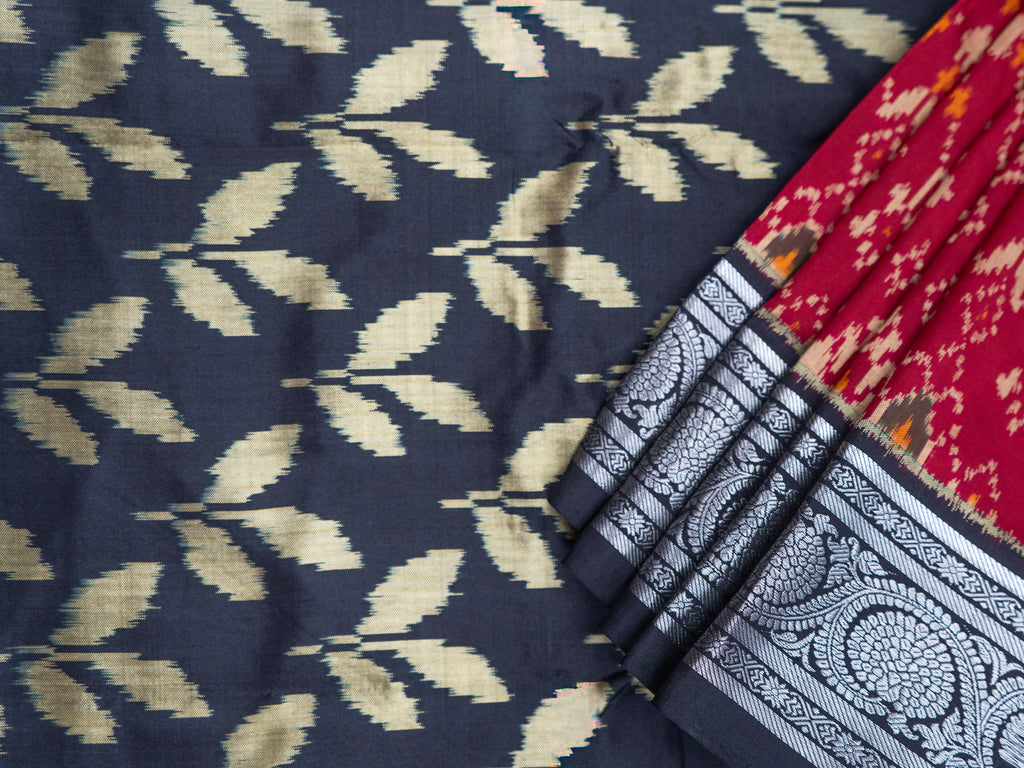 Pure Pochampally Silk Saree with Kanjeevaram Silver Zari Border & Black Silver Pallu
