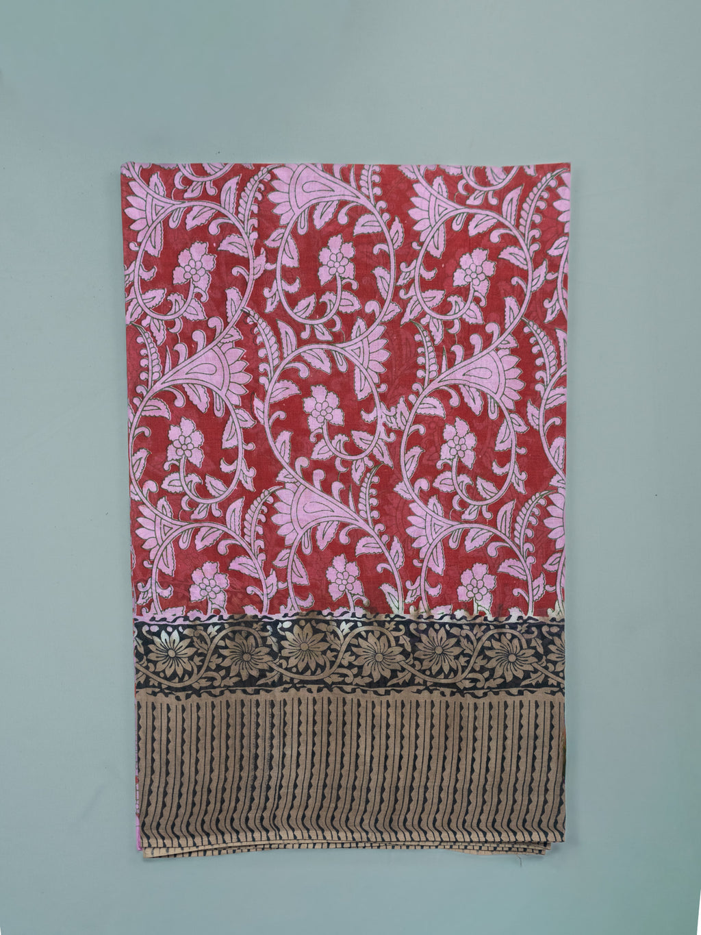 Kalamkari Floral Print Saree with Contrast Kalamkari Pallu & Border