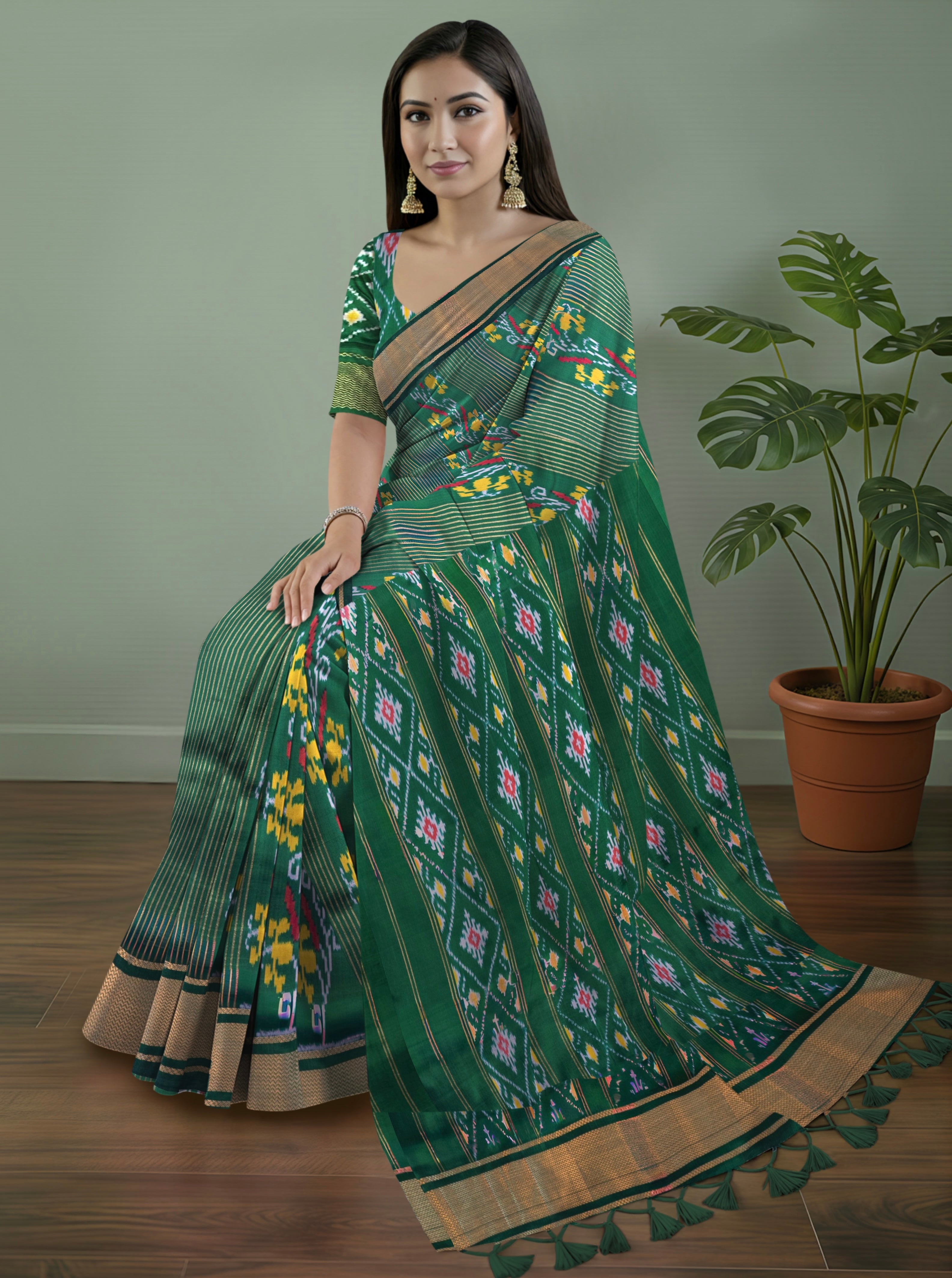 Pure Pochampally Silk Saree in Deep Bottle Green with Ikat & Zari Weaving