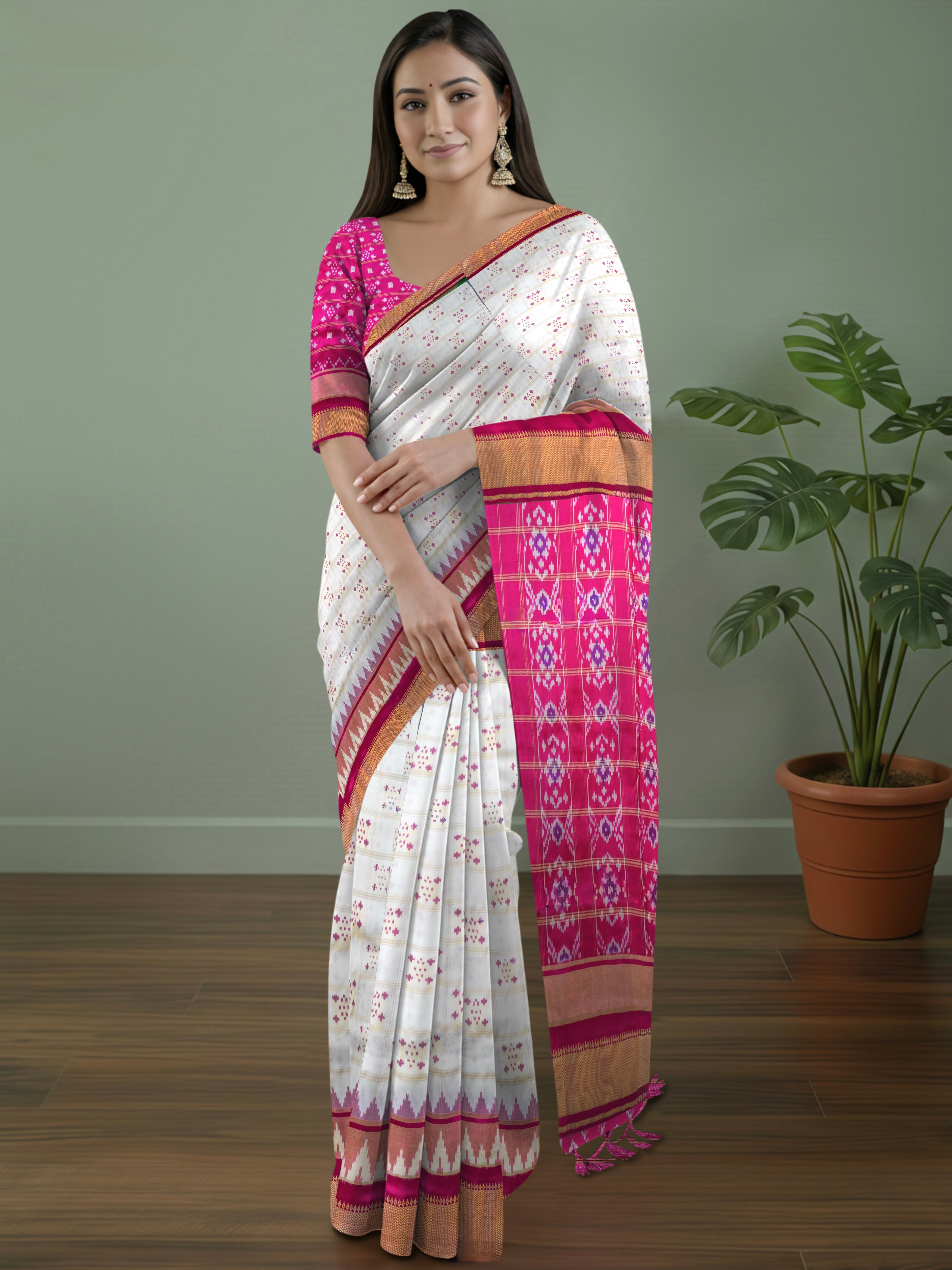 Pure Pochampally Double Ikat Silk Saree in White Ghatchola Checks with Pink Pallu & Zari