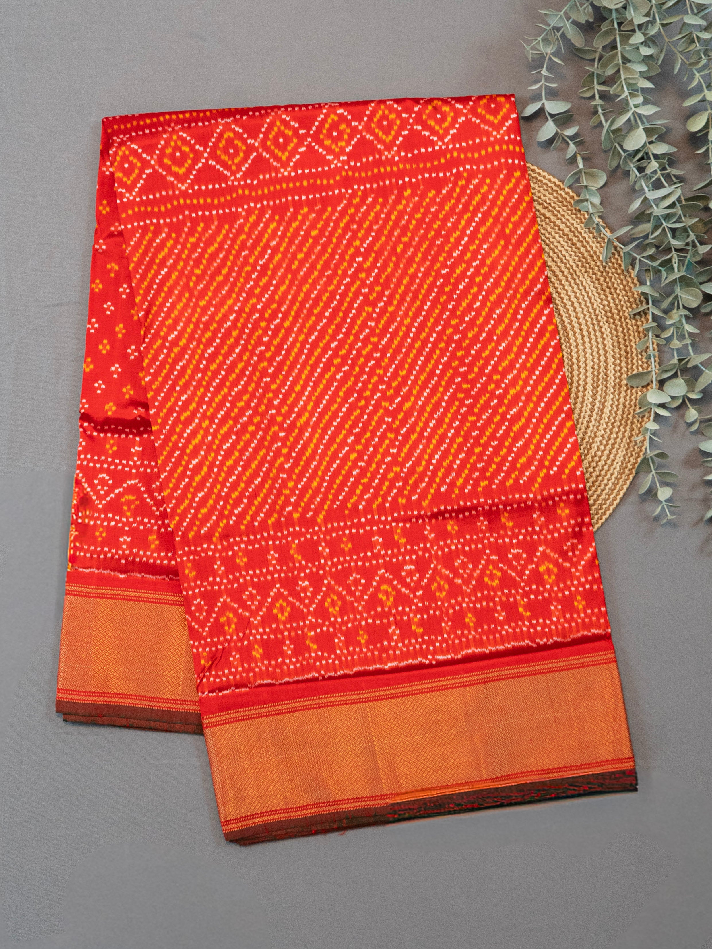 Pure Pochampally Double Ikat Fusion Silk Saree in Deep Red with Ikat & Bandhini Weave