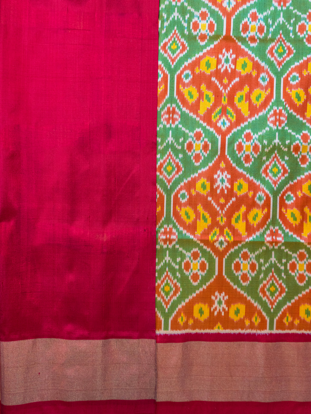 Pure Pochampally silk saree in Green double ikkat with designer pallu and contrast Blouse