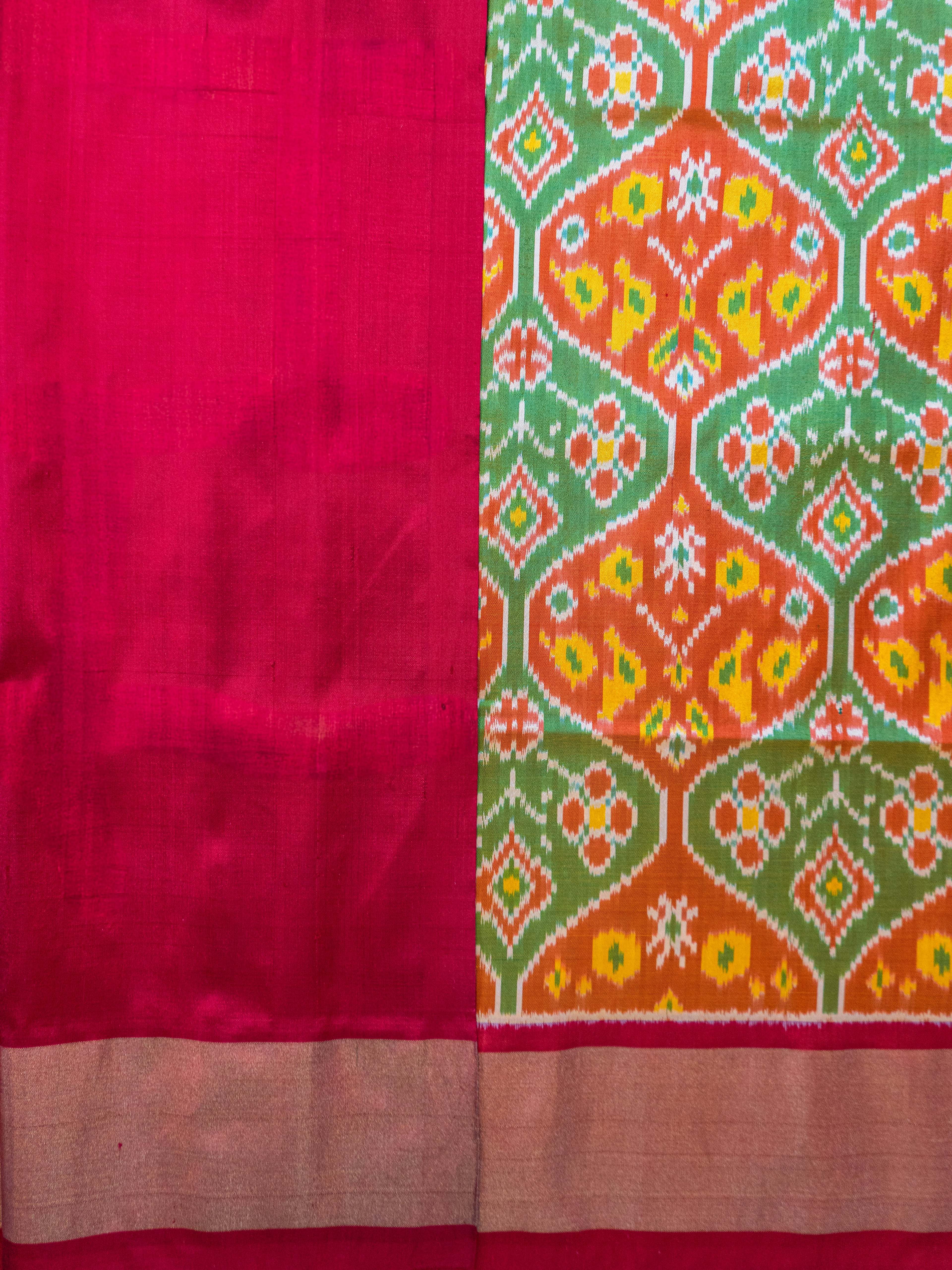 Pure Pochampally silk saree in Green double ikkat with designer pallu and contrast Blouse