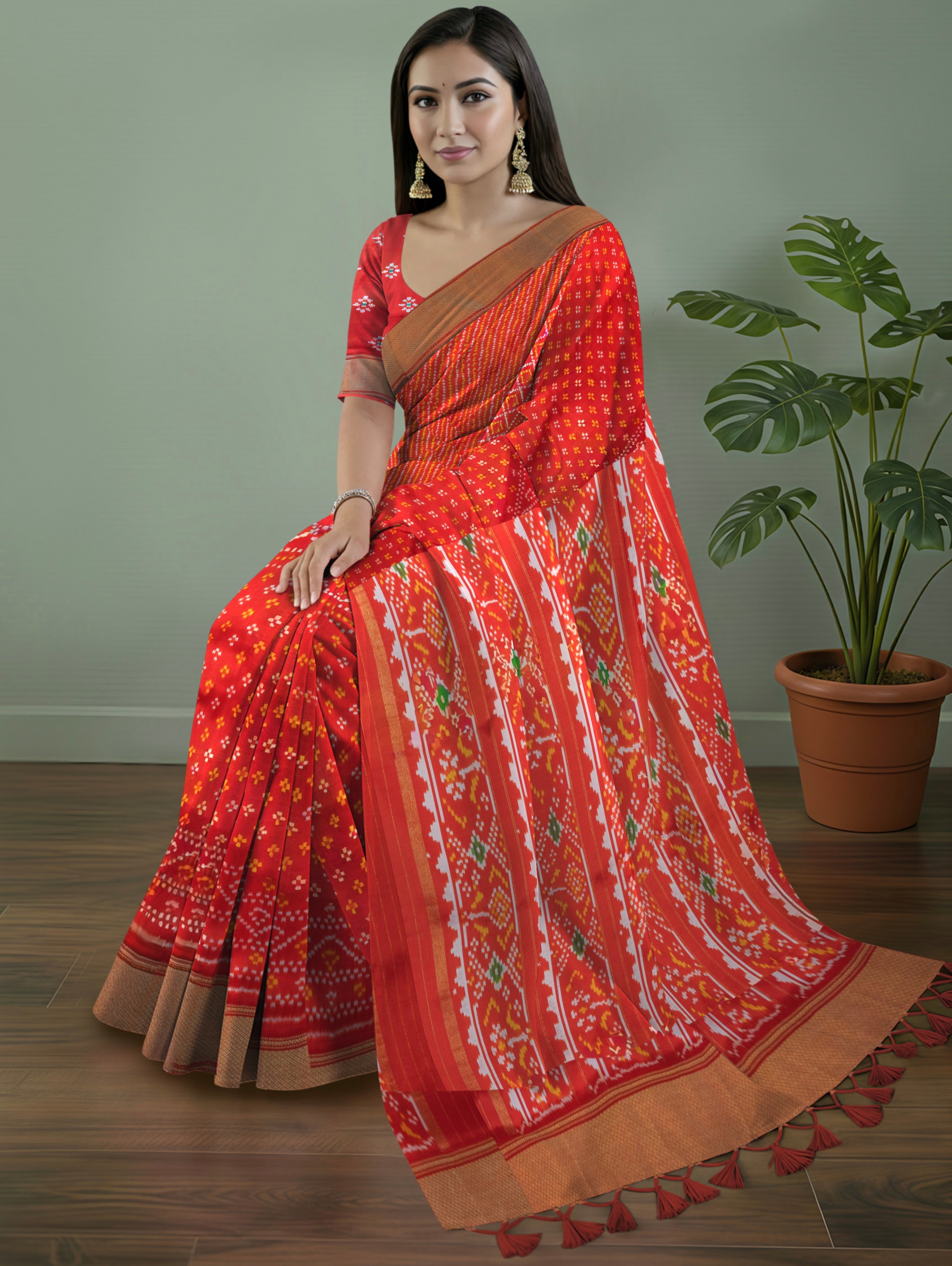 Pure Pochampally Double Ikat Fusion Silk Saree in Deep Red with Ikat & Bandhini Weave