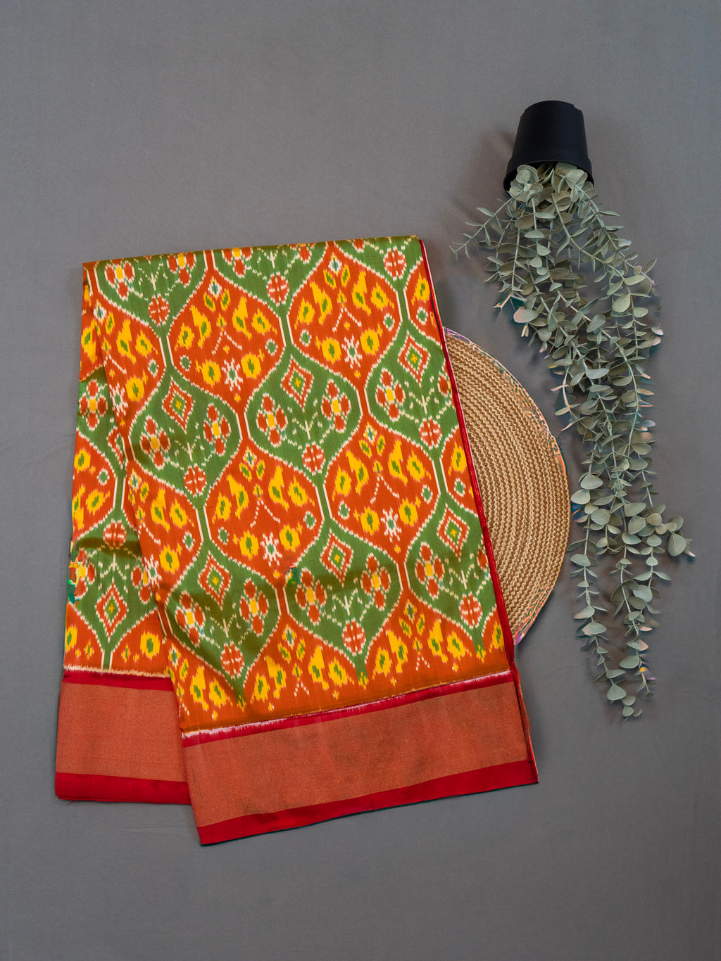 Pure Pochampally silk saree in Green double ikkat with designer pallu and contrast Blouse