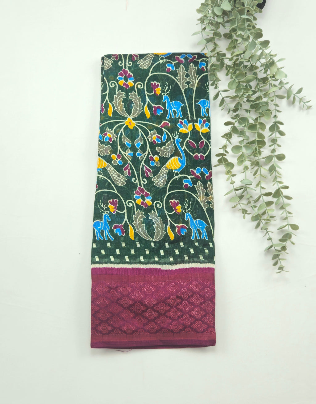 Pochampally Pichwai Dark green Animal print silk saree with blouse