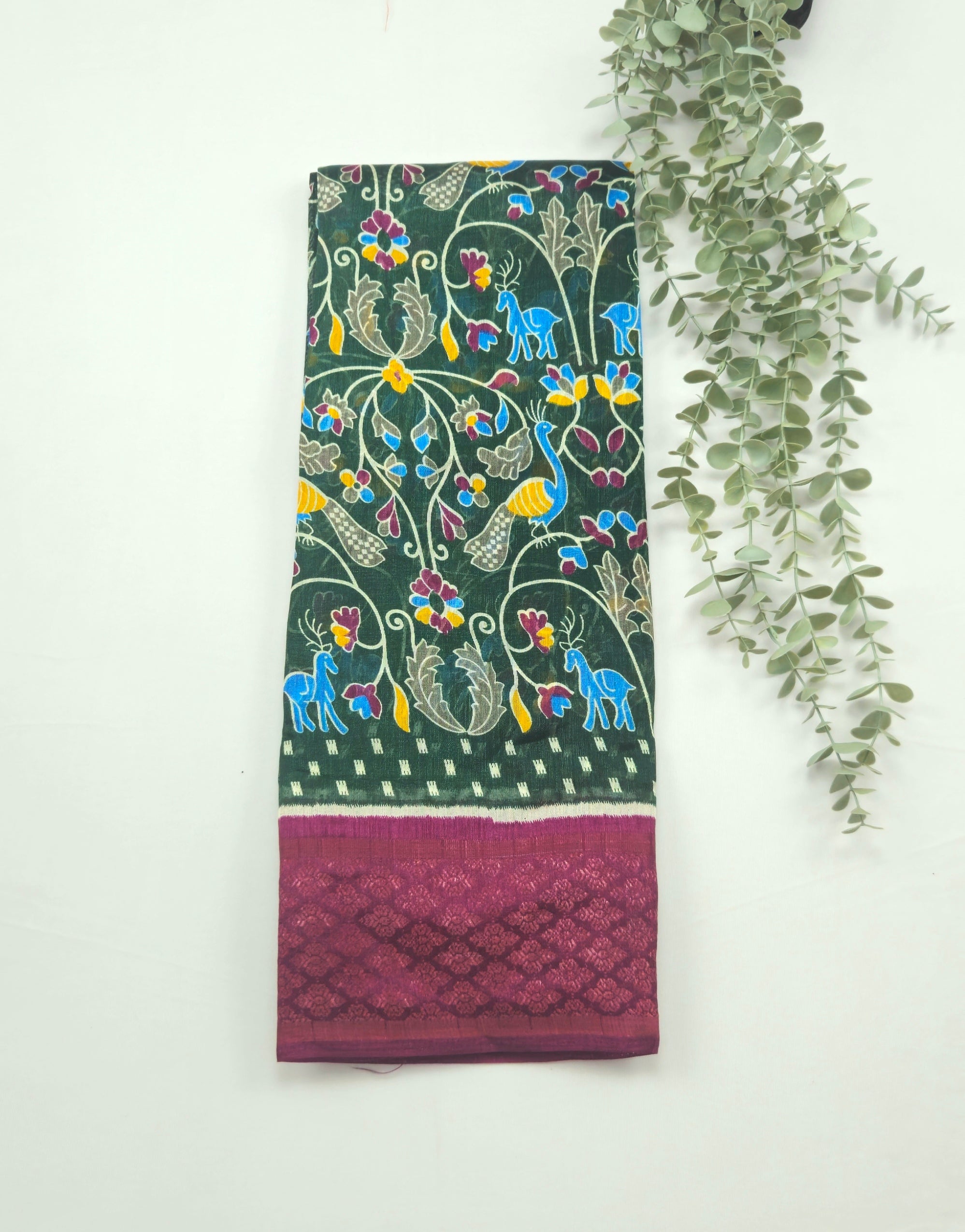 Pochampally Pichwai Dark green Animal print silk saree with blouse