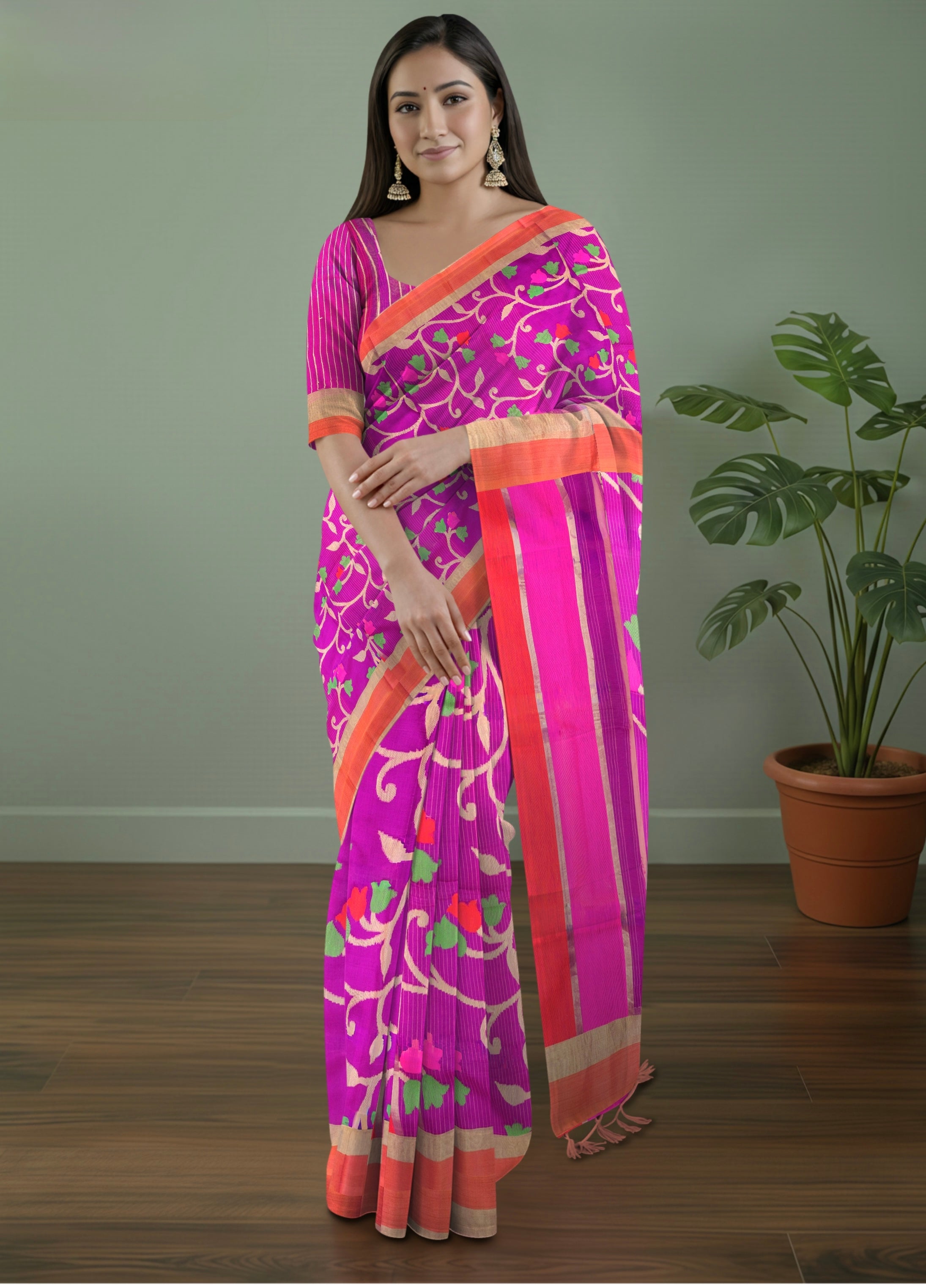 Pure Uppada Handloom Silk Saree in Pink with Floral Weaving & Elegant Line Pallu