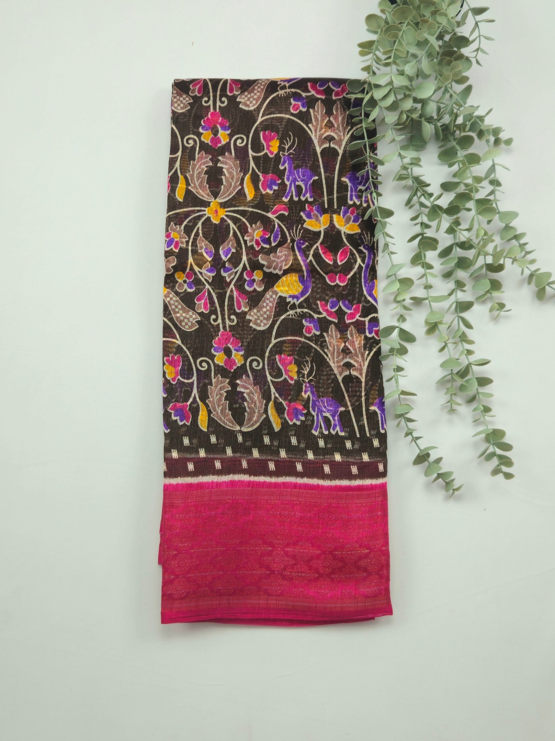 Pochampally Pichwai Dark Brown Animal print silk saree with blouse